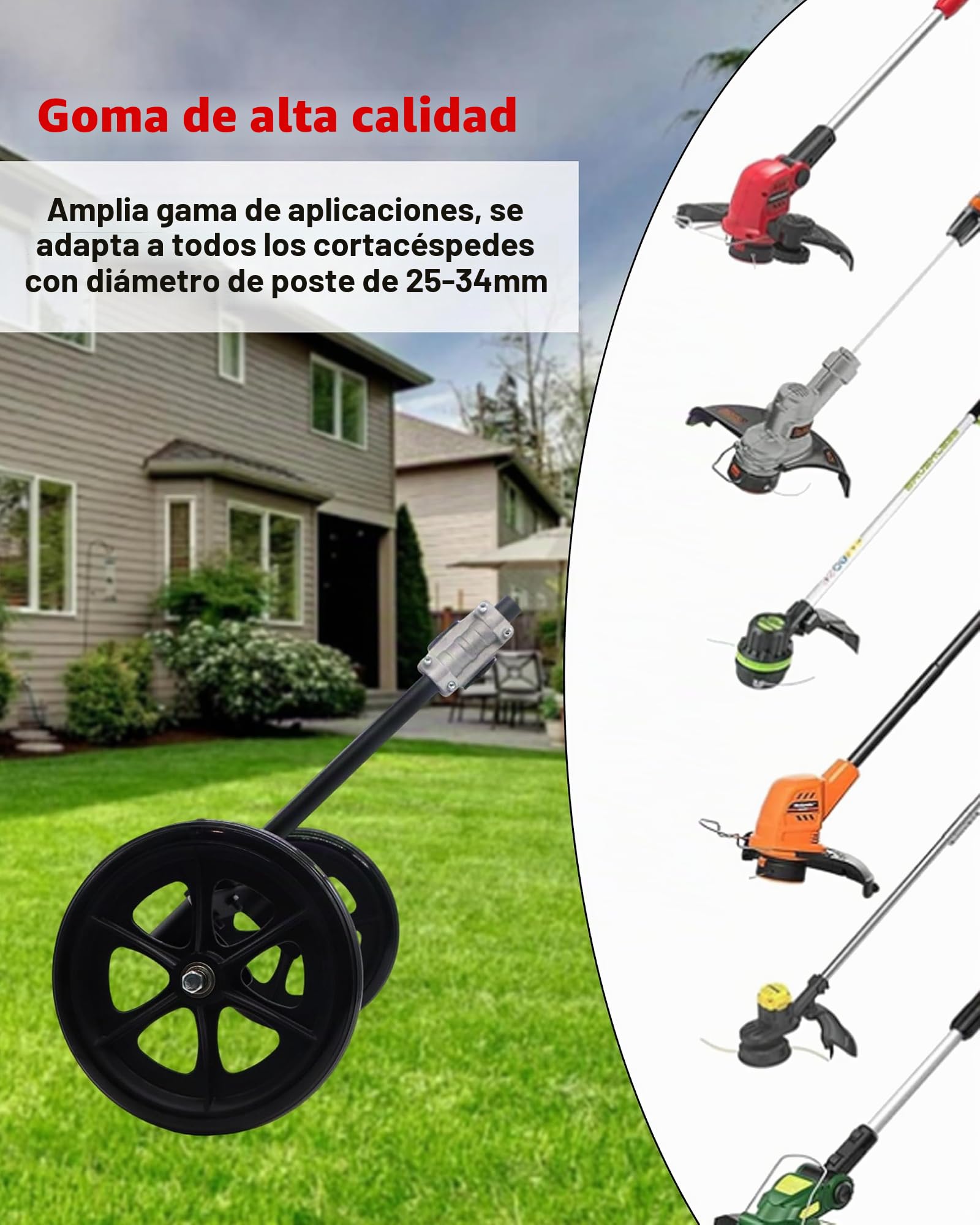 Accesorio de rueda de recortadora de cuerda, rueda de soporte de 20 pulgadas de altura ajustable con tubo de eje de 1 a 1.35 pulgadas para desbrozadora eléctrica de cuerda de gas, rodillo de césped de