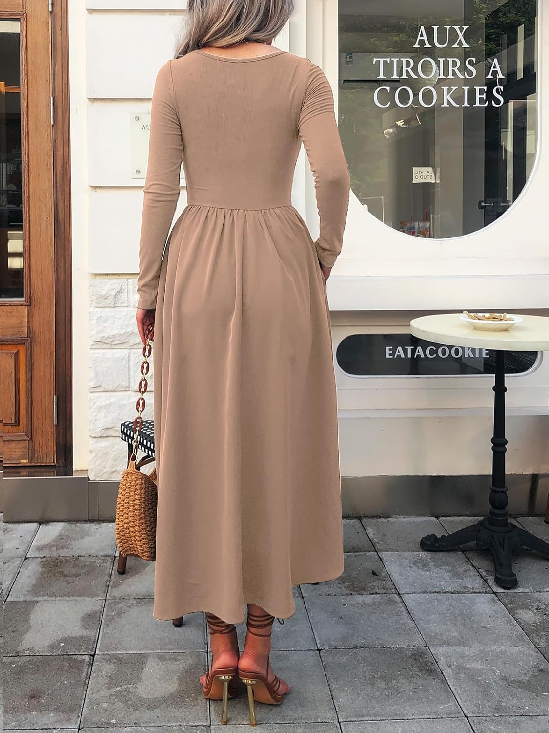 Women's Long Sleeve Maxi Dress 2025 Fall Square Neck Knit Casual Slim Swing Tank Long Dresses with Pockets - Image 6