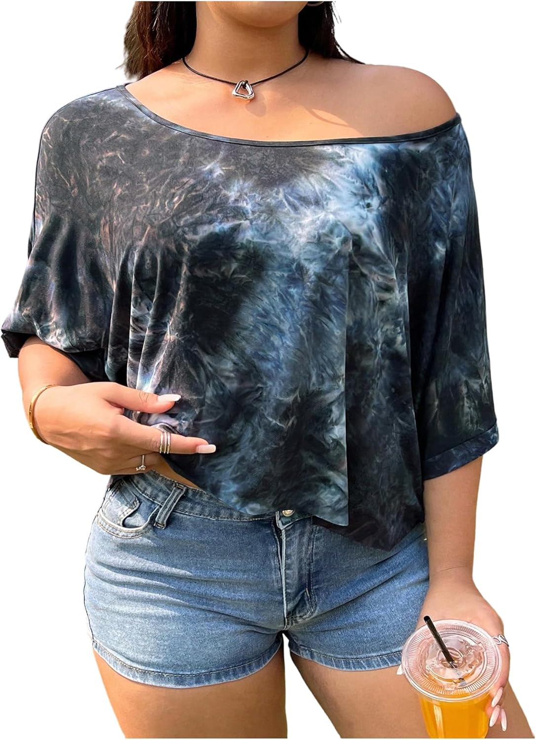 SOLY HUX Women's Off The Shoulder Tops Tie Dye Scoop Neck Loose Cropped Tee Shirts