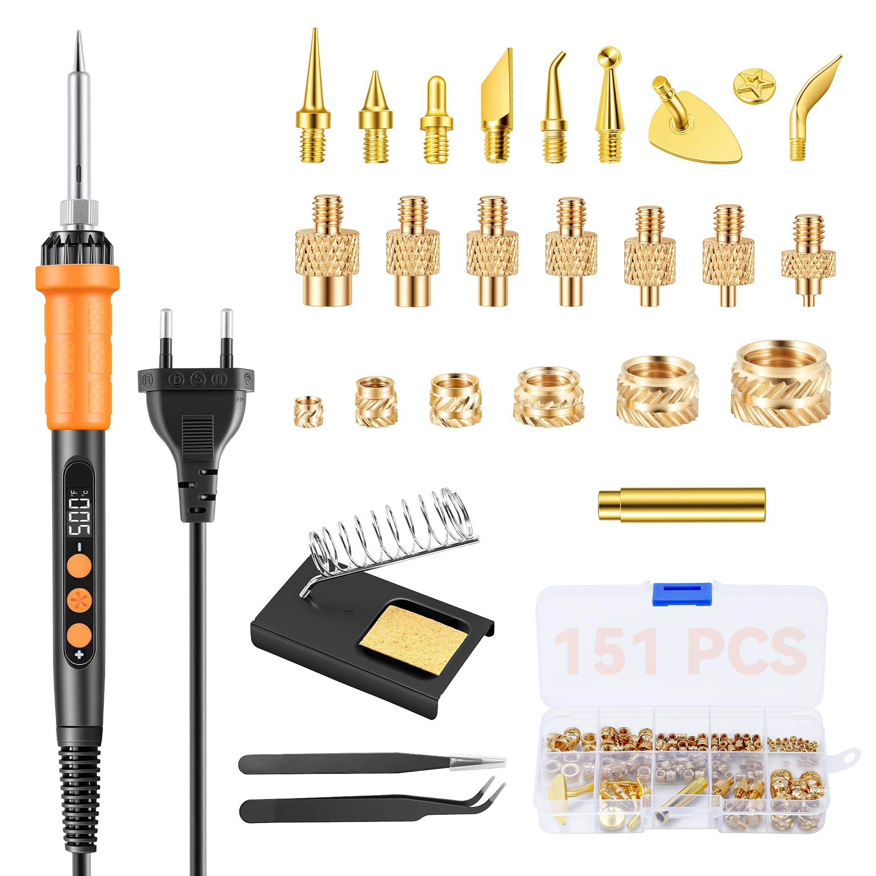 Juego puntes soldadura 151pz rosc, Juego soldad temp ajust 90W, insertos roscados M2-M8 para impresión 3D, puntas de soldadura M2-M8 + soporte + pinzas + cabezal adaptador de dibujo (Naranja)