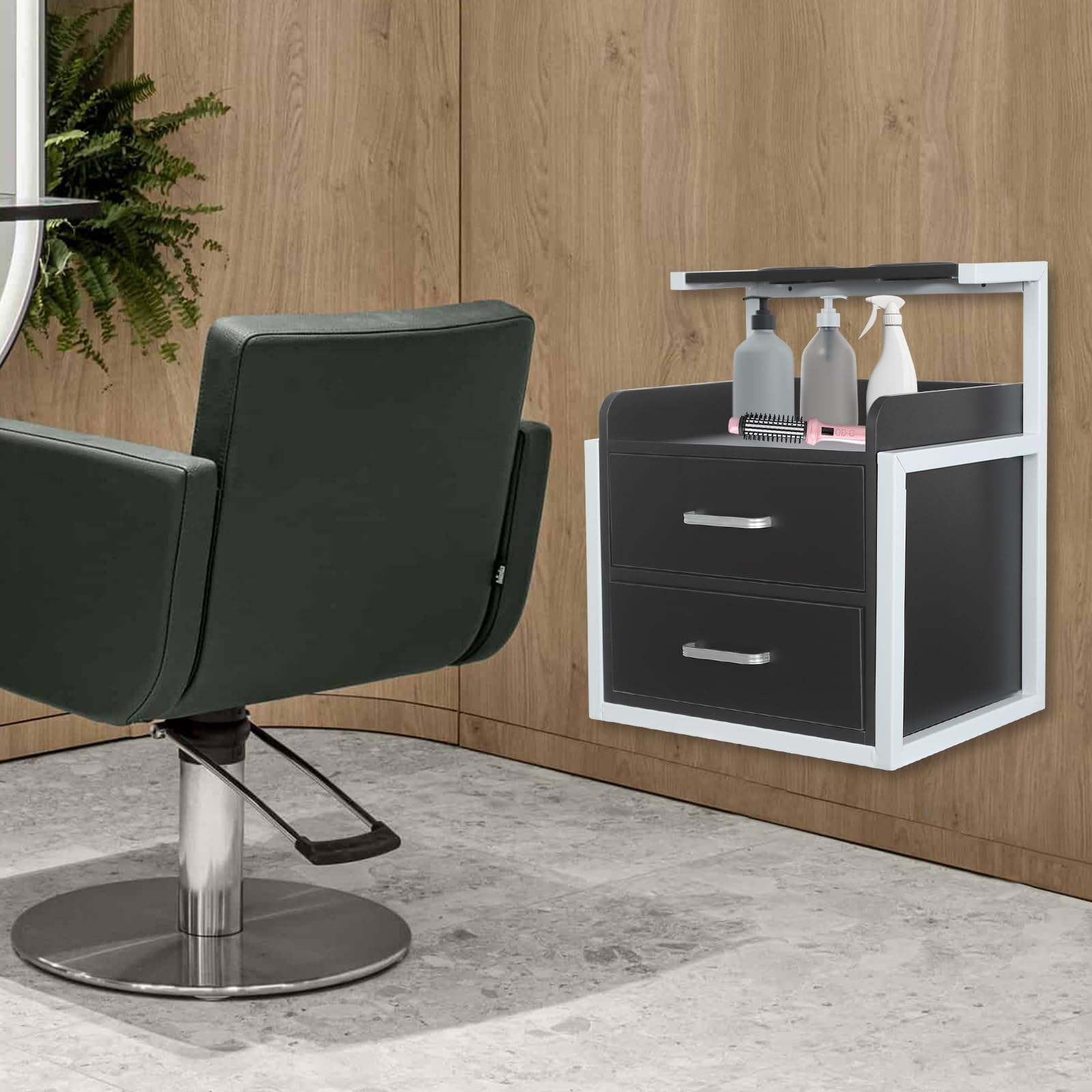 Hängeschrank, Werkzeugschrank für Friseur, Salon Wandschrank mit Haartrockner-Halterung und Schubladen, Friseur Zubehör, Beauty Wandschrank für Friseurgeschäften, Salons, 40*30*48cm (Schwarz)
