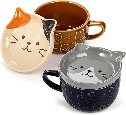 Cididu Juego de 2 bonitas tazas de cerámica con tapa, taza de café con leche de 10 onzas con posavasos, taza de té Kawaii, taza de desayuno para
