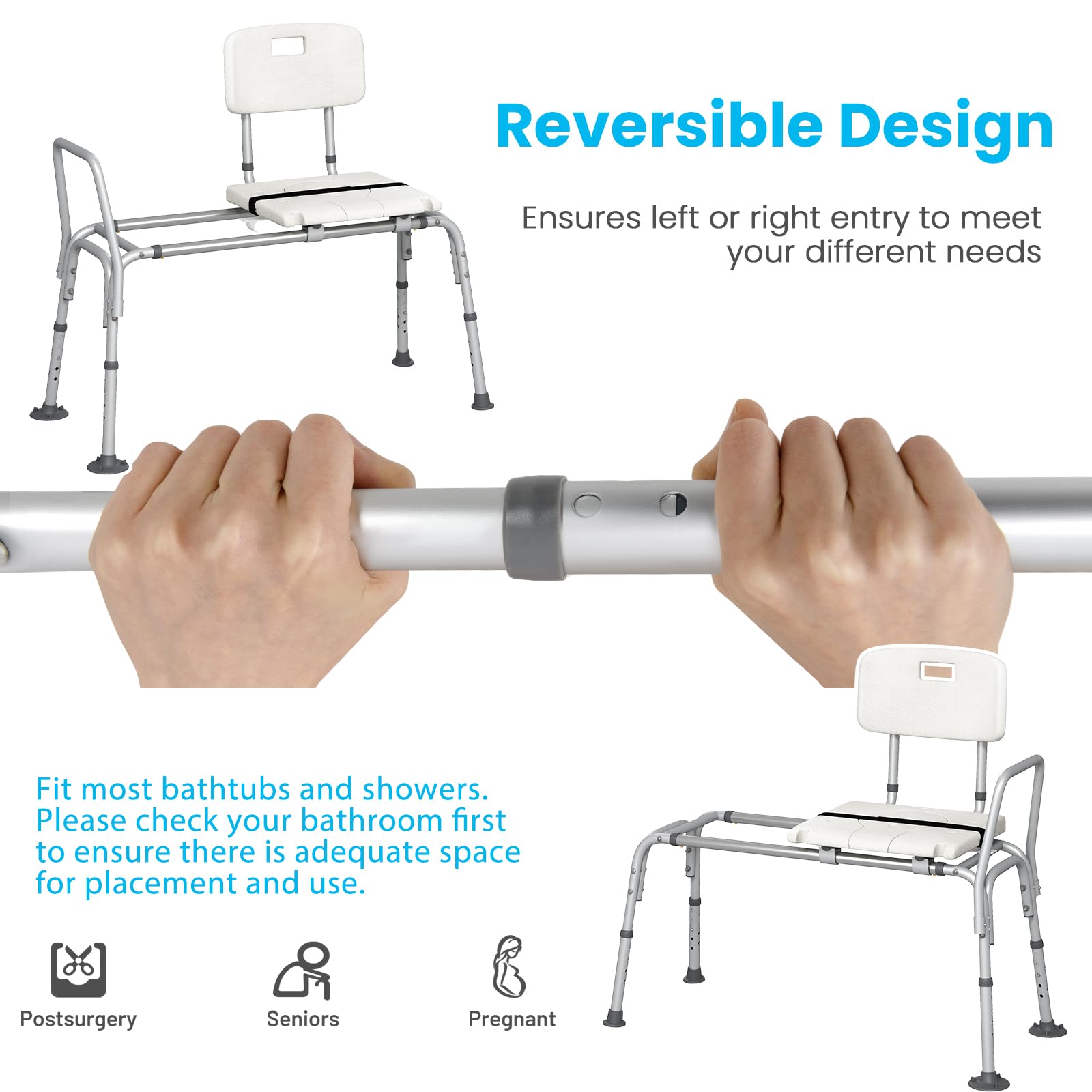 HOMASIS Silla de Ducha para Personas Mayores, Asiento baño para Adulto con Deslizante y Altura Ajustable. Cinturones de Seguridad, Almohadillas Antideslizantes, para Discapacitados, Carga 160kg
