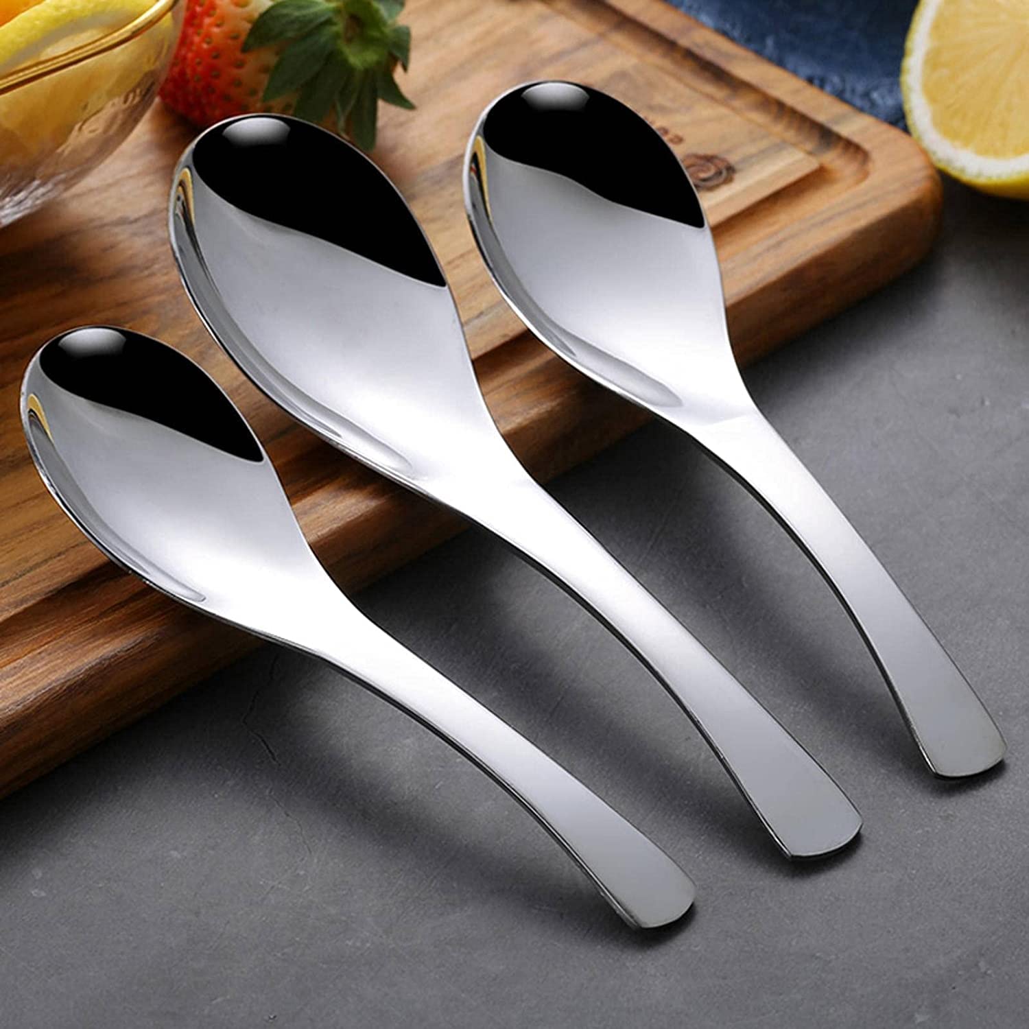 Löffel Restaurants 3 stücke Edelstahl Löffel Kurzer Griff Suppe Set Metall Küche Abendessen SpoonsFor Reisbrei Geschirr Esslöffel Hause(3 Pcs Medium)