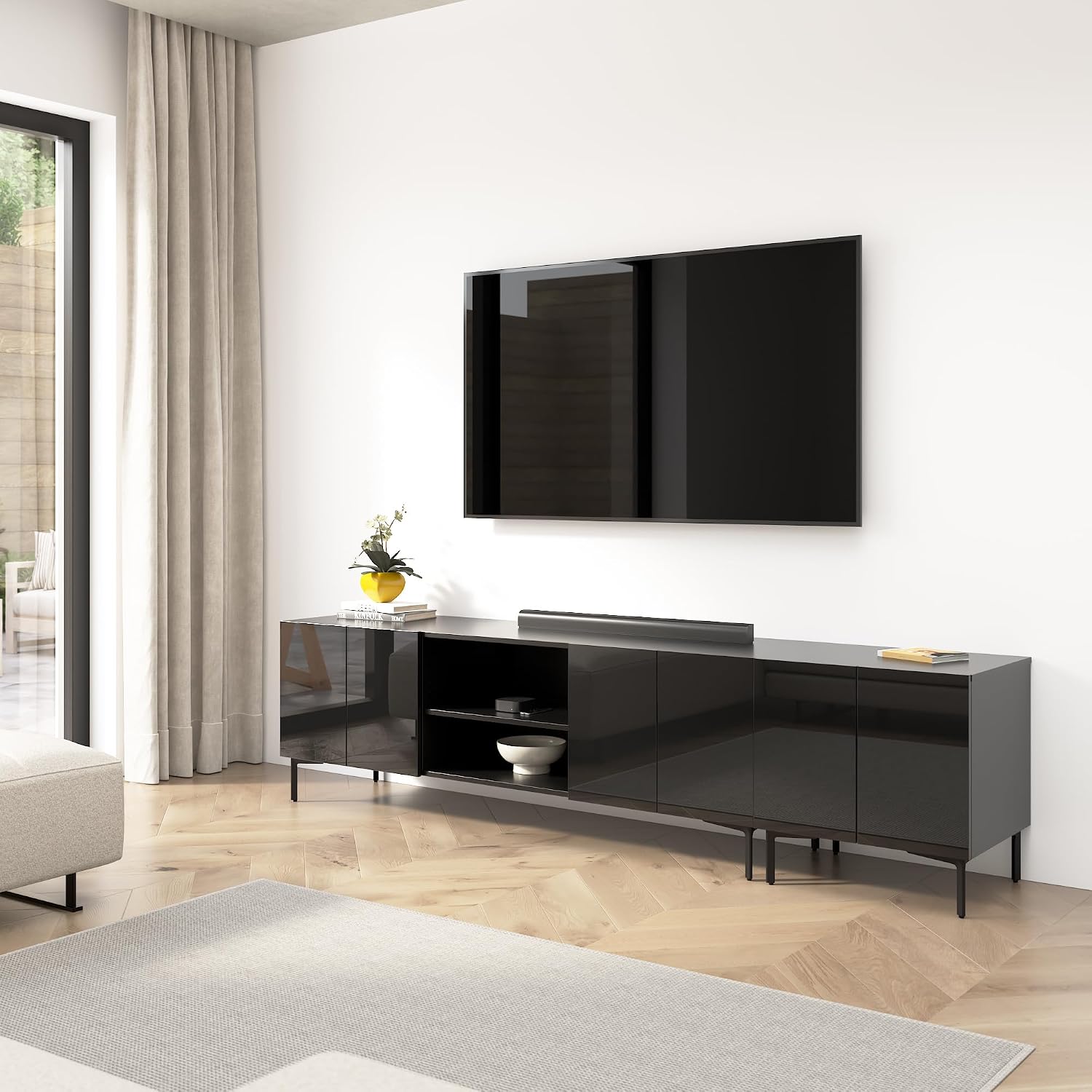 Bestar 94-inch Modular Entertainment Center with TV Stand and Storage Cabinet, Living Room Furniture, Barletta Collection, High Gloss Black