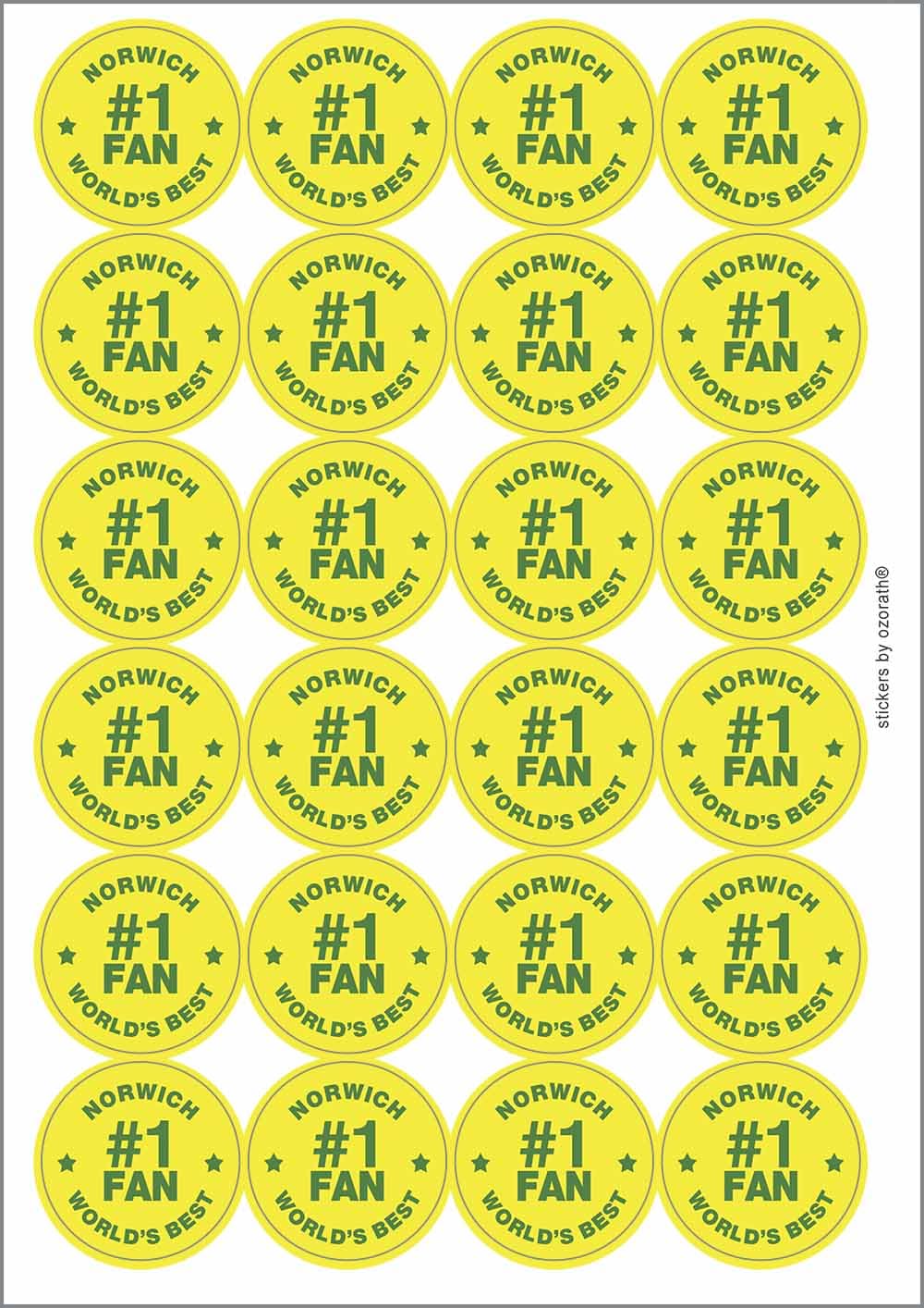 Norwich #1 Fan Circular Matt Paper Stickers A4 Sheet of 24 (Each Sticker is 45mm Diameter)