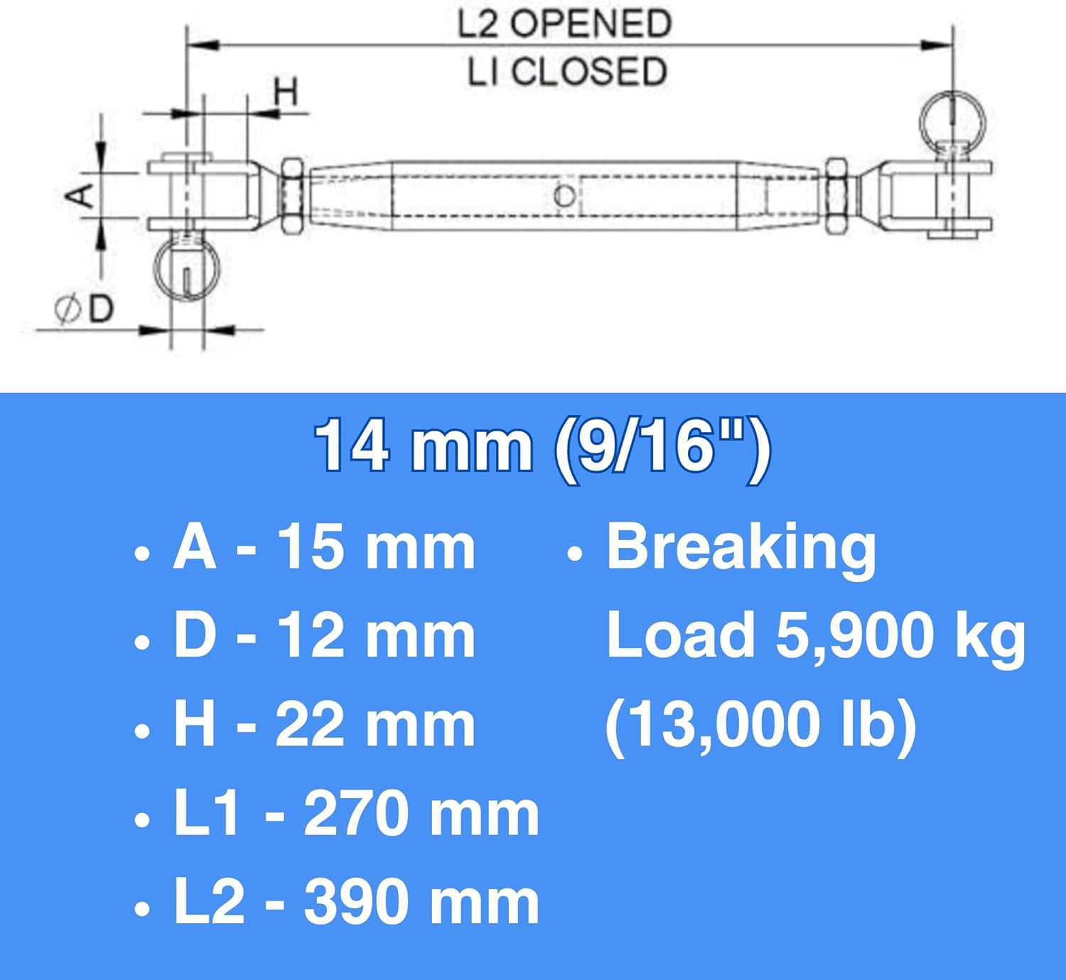 MarineNow Jaw Jaw Closed Body Marine Turnbuckle 316 Stainless Steel Pick Size and Pack Quantity