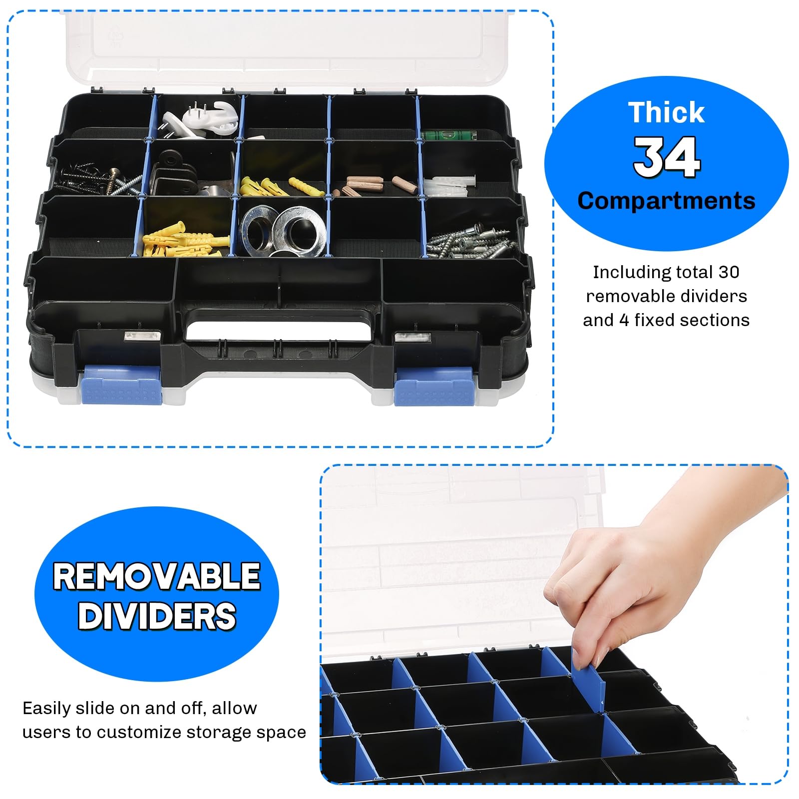 Organizer per piccole parti, scatola per attrezzi, 34 scomparti, a doppio lato, con divisori rimovibili per piccoli attrezzi, viti, bulloni, dadi, chiodi, perline (blu)
