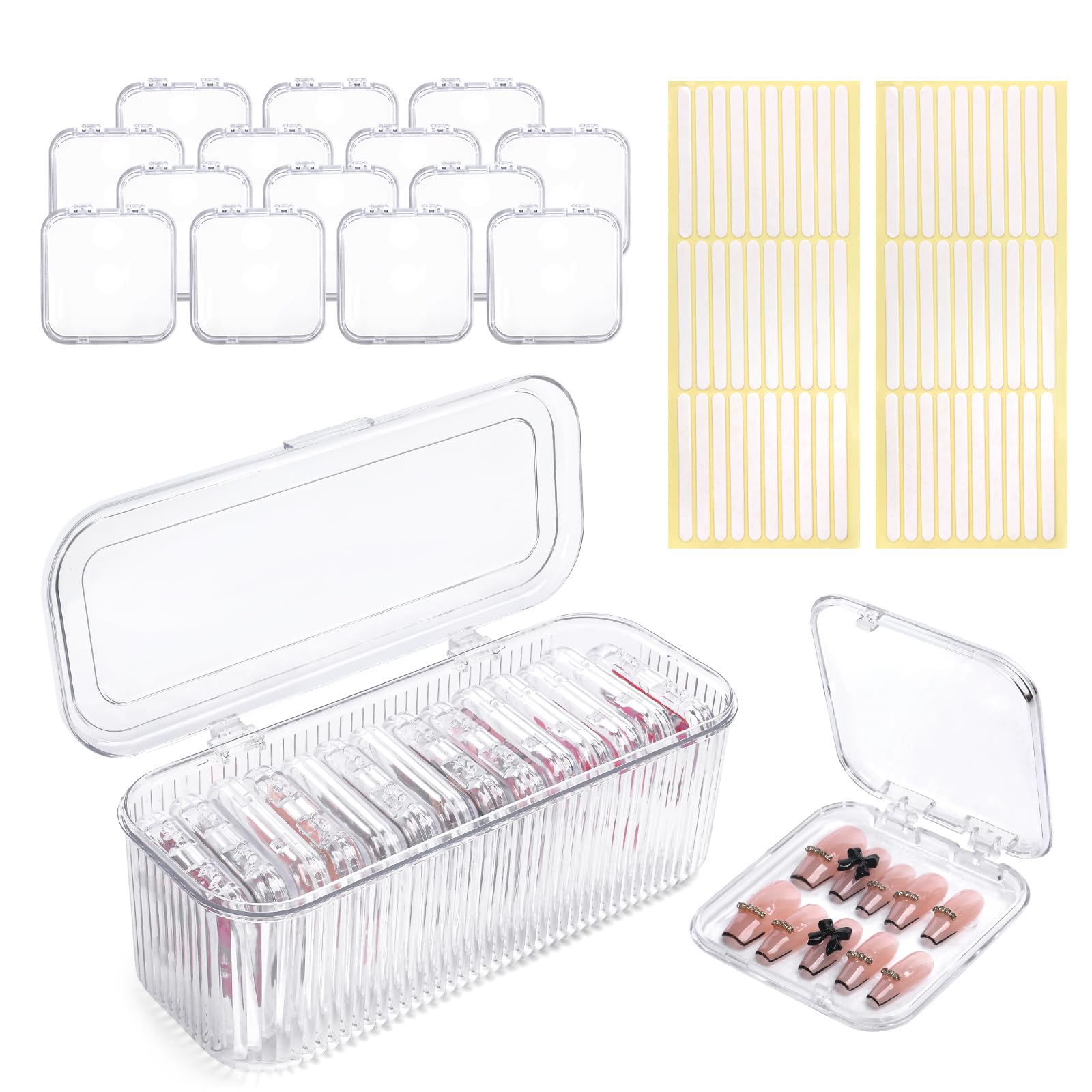 YINGJEE 15 Pcs Press On Nail Storage Box Container, Clear Press On Nail Packaging Box with 60 Pcs Adhesive Double Sided Tape, False Nail Organizer
