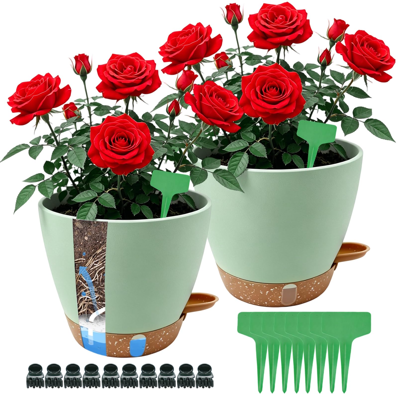 VISTTUSFINE 20cm Self Watering Plant Pots with Water Level Gauge, 2pcs Plant Pot Green