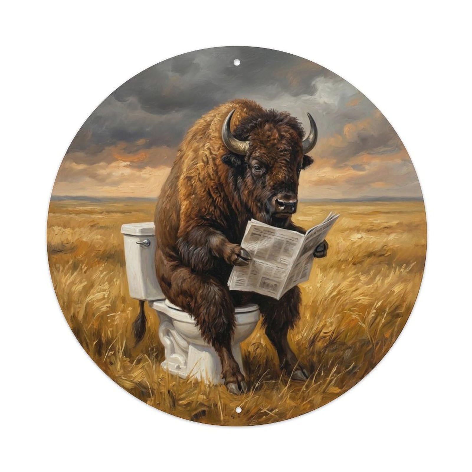 Bison On Toilet Humorous Bathroom Prairie Wind Reads Metal Tin Sign