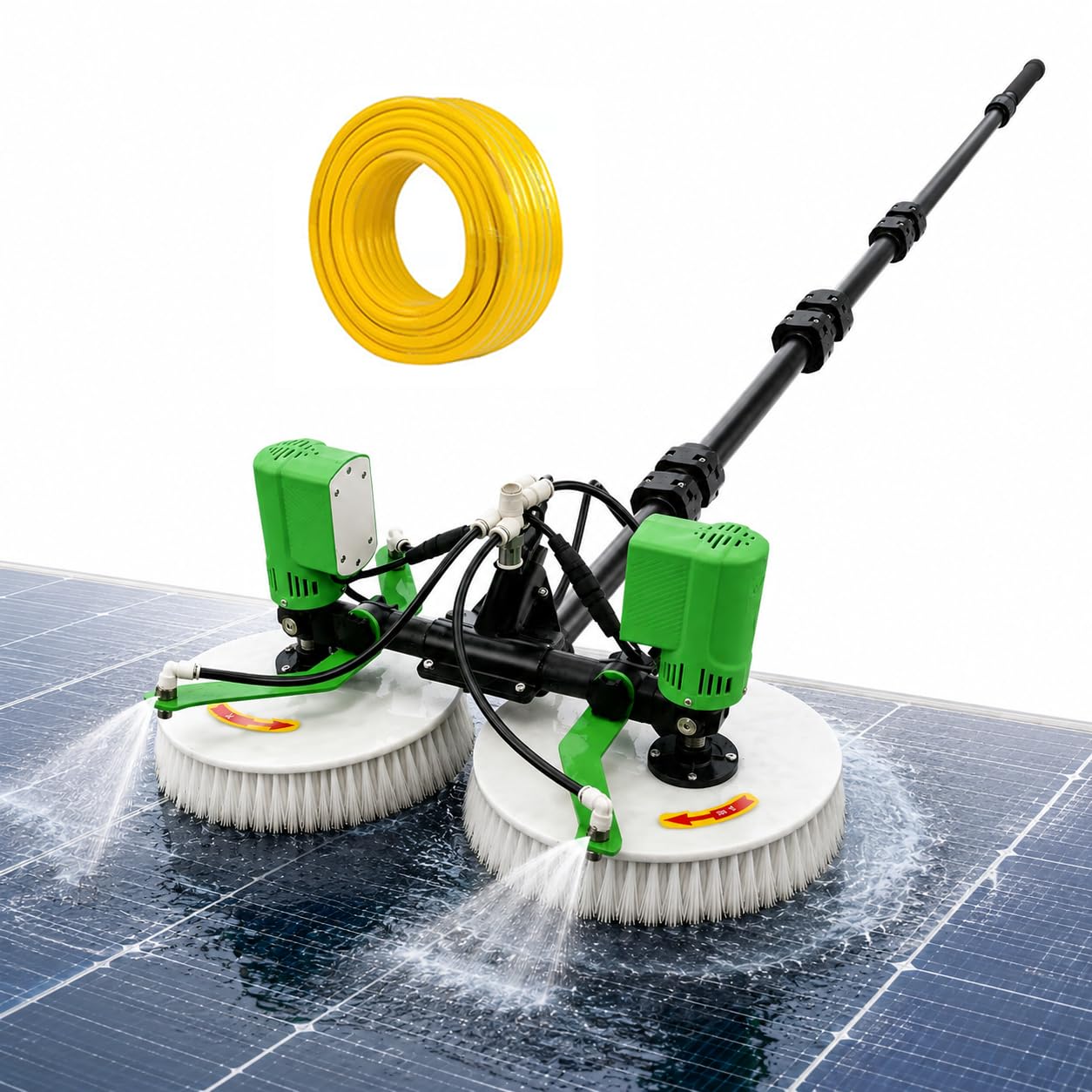 Pulizia Pannelli Fotovoltaici, Nuova Spazzola per Pulizia Pannelli Solari con Doppia Testa Rotante 65 cm, 4 Ugelli A Ventaglio, Lavaggio E Spazzolatura Simultanei, Tubo Acqua 20 m 550cm