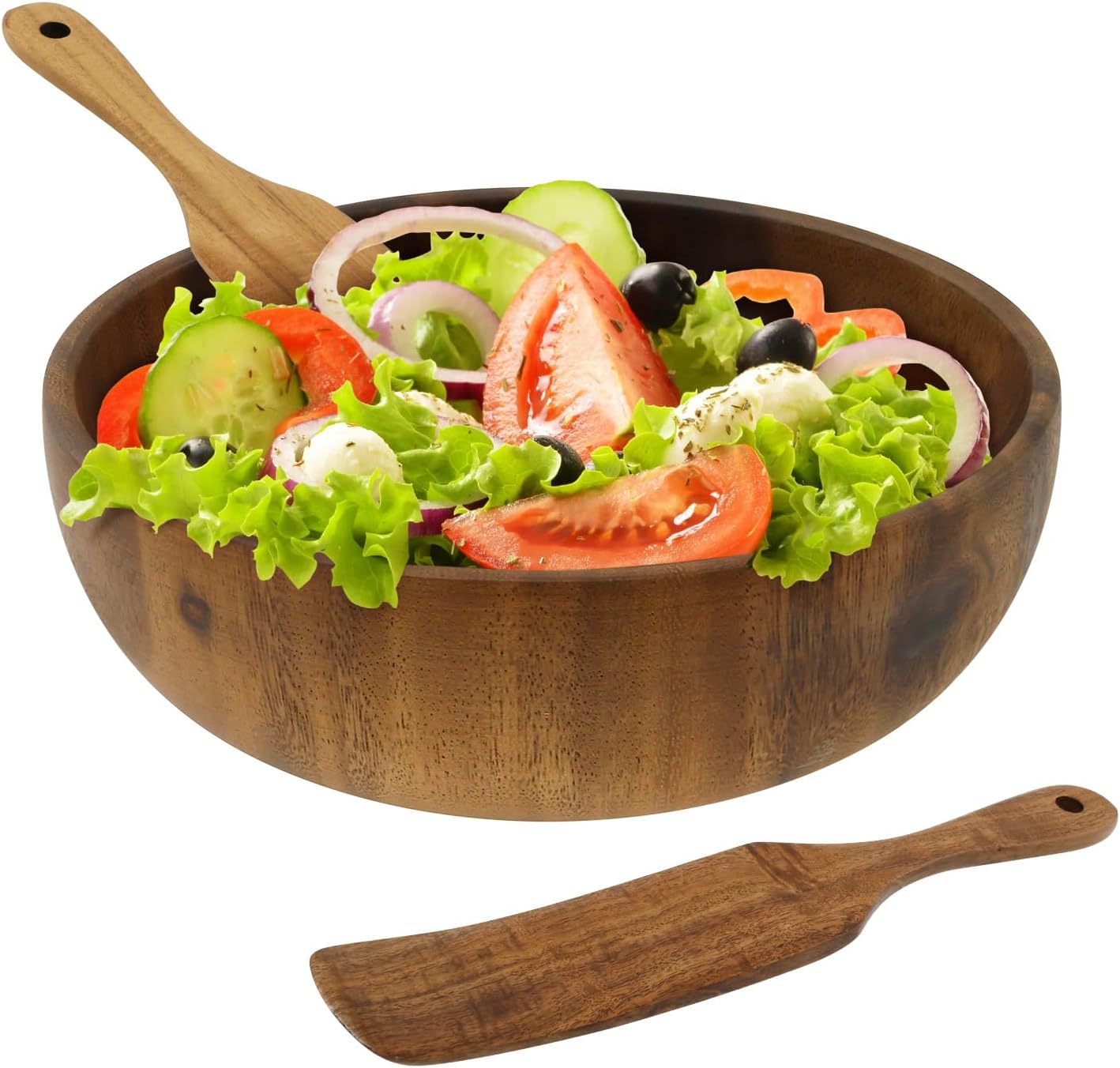 Wood Salad Bowl with Spatula and Fork, Round Serving Bowl, Large Mixing Bowls Set with Serving Utensils, Multi-functional Kitchen Serveware for Salads,Soups,Fruits,Snacks,Pasta