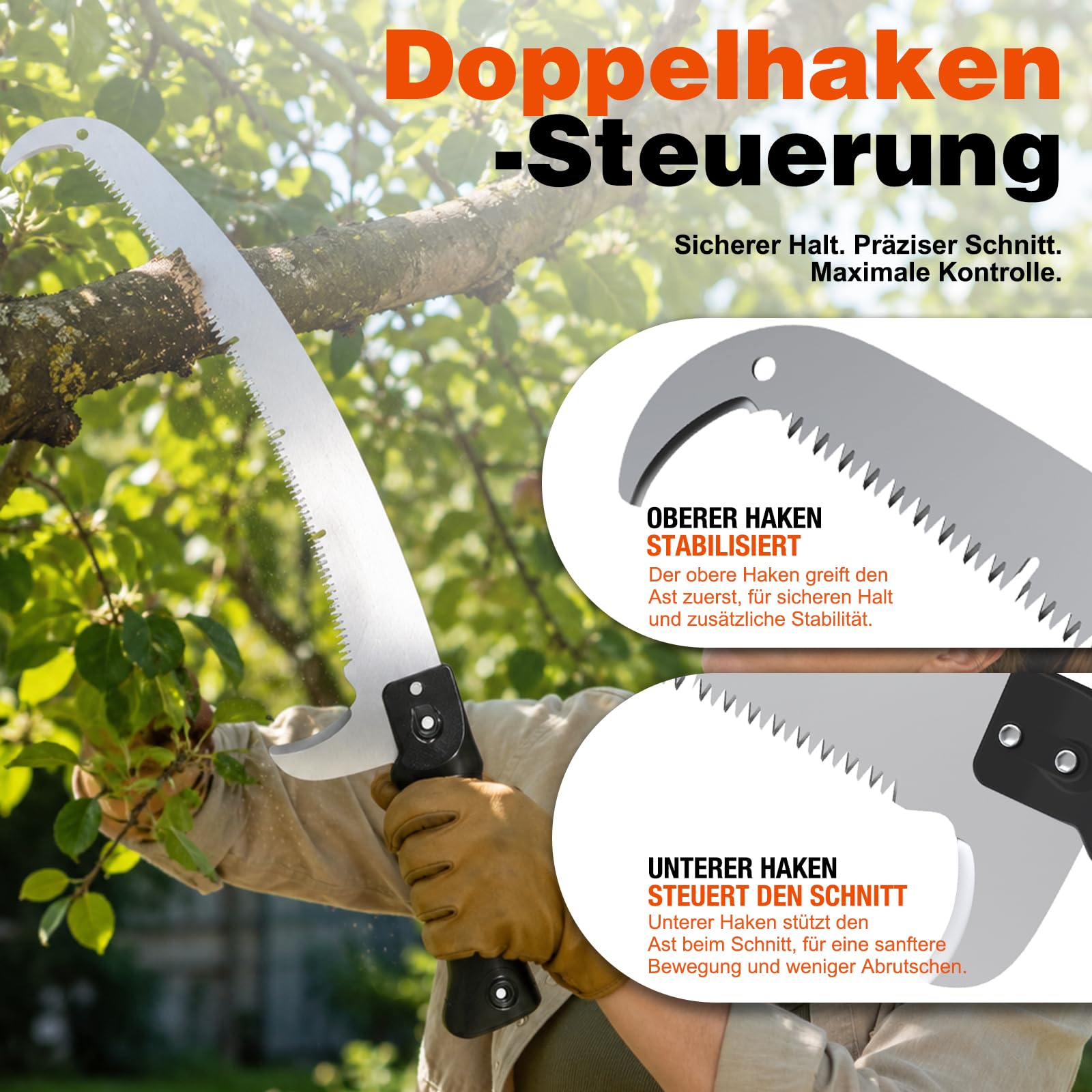 LAANPOLE 6m Obstpflücker & Sägeköpfe – Obstpflücker mit Teleskopstange für Äpfel, Zitrus, Pflaumen + Astsägeköpfe für Gärten, Forstwirtschaft – Alle passen an eine Stange