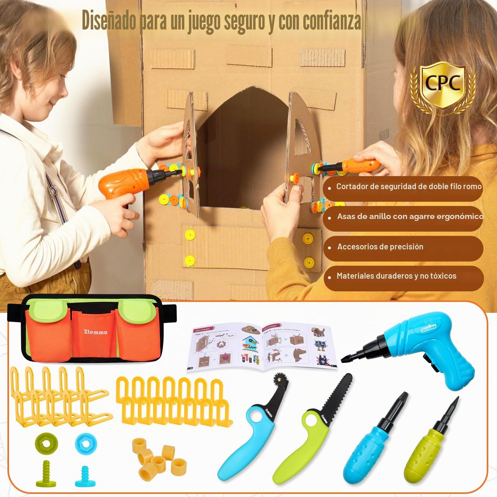 Kit de Herramientas de Cartón para Niños - Caja de Herramientas de Construcción de Cartón de 258 Piezas - con Taladro, Sierra de Seguridad, Punzón, Bisagras y Tornillo, Bolsa de Cintura