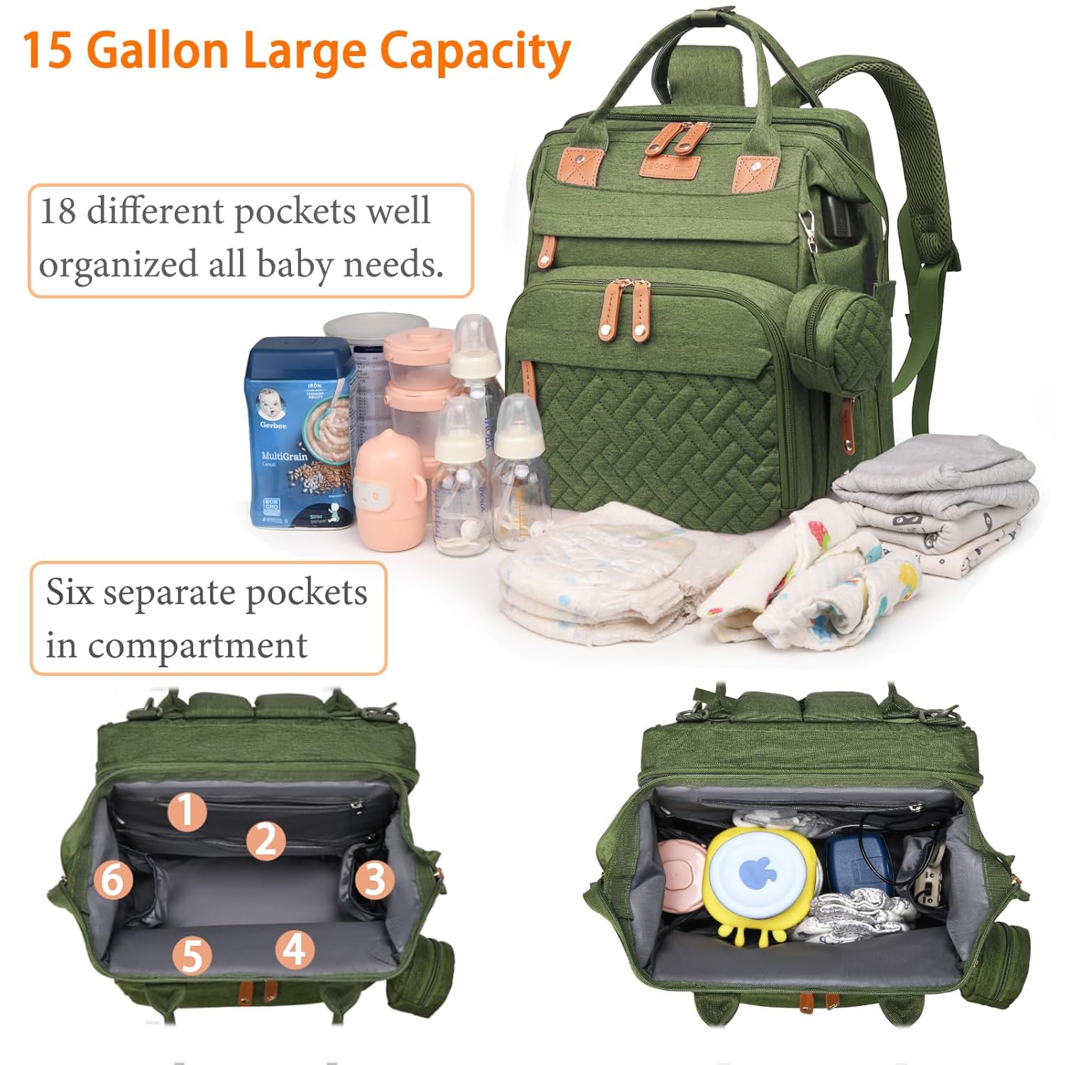 Astro alan Baby Diaper Bags with Changing Station, Waterproof Diaper Bag Backpack for Moms Dads with USB Charging Port, Baby Shower Gifts, Large Capacity diaper backpack, Green