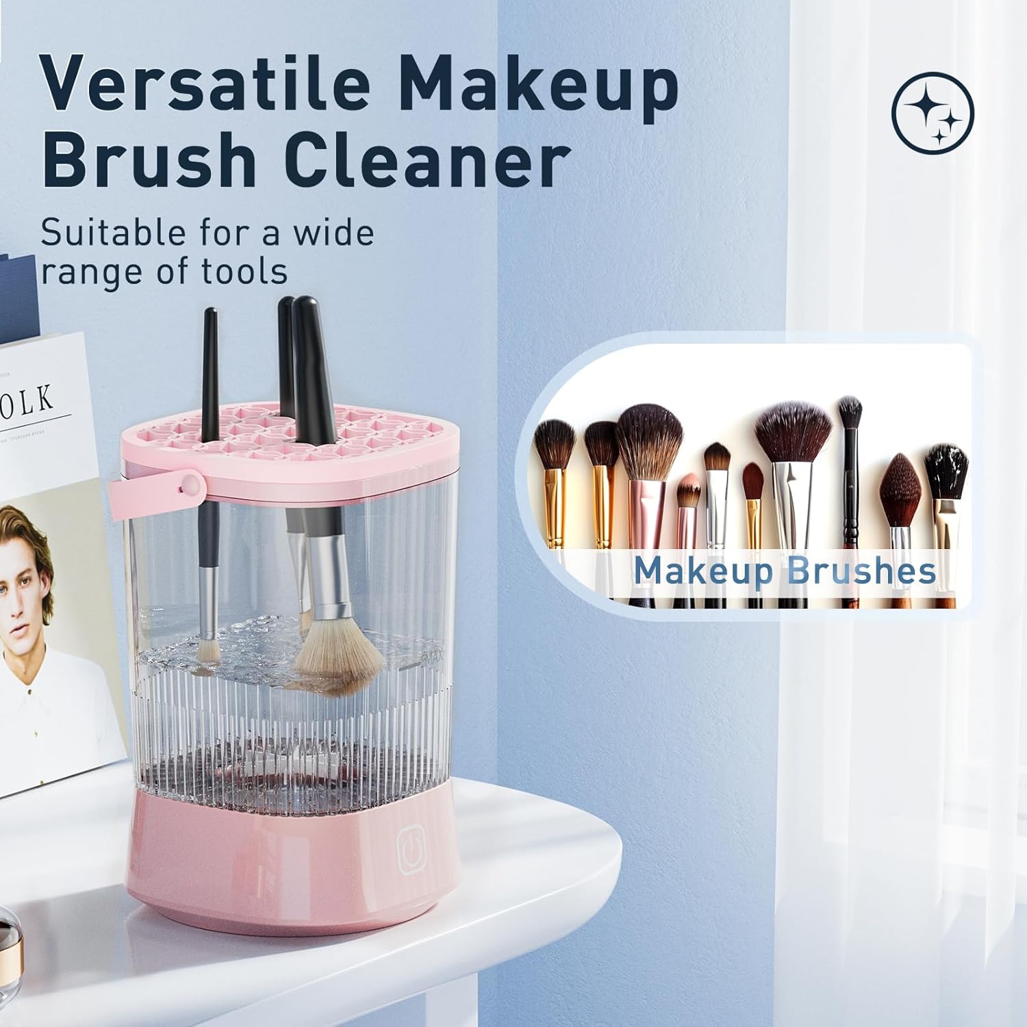 Electric Makeup Brush Cleaner - 9000 RPM Makeup Brush Cleaning Machine, IP65 Waterproof Automatic Makeup Brush Cleaner for Makeup Sponges and Brushes(Pink) - Image 3