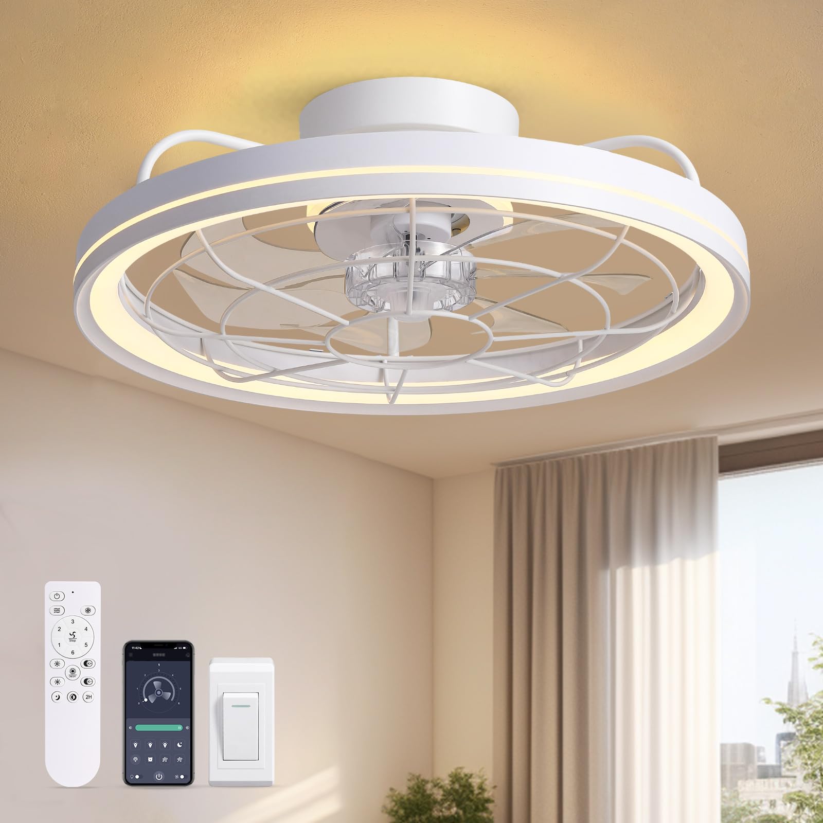 Ceiling Fans with Lights, 19" Low Profile Flush Mount Ceiling Fan with Remote, Reversible DC Motor, Stepless Dimmable 3 Colors, Metal Ceiling Fan for Bedroom, Kitchen, Living Room (White)