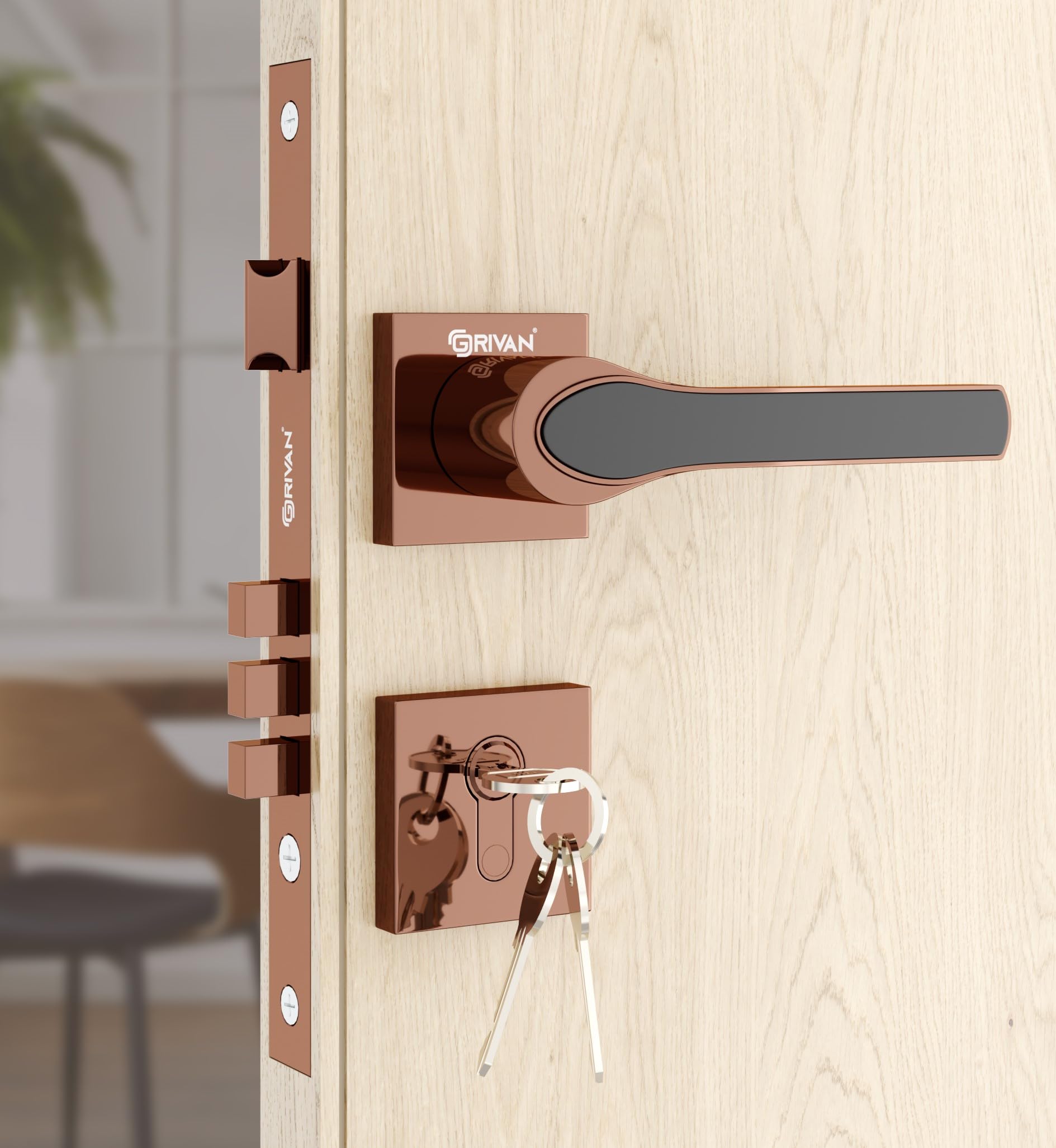 GRIVAN Modern Door Locks for Main Door, Mortise Door Lock Set with 3 Brass Keys, Bedroom Door Lock, Handle Lock for Home/Office/Hotel (Rose Gold,blackFinish) | 2 Years Warranty (B0CZDWYZWP) Amazon Price History, Amazon Price Tracker