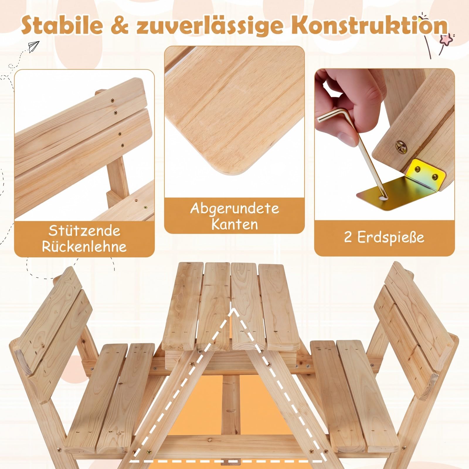 COSTWAY Kindersitzgruppe Outdoor mit Sonnenschirm, Picknicktisch Kinder mit Tisch & 2 Sitzbänken, Kindersitzgarnitur Garten für 4 Kinder, Sitzgruppe aus Tannenholz für Jungen & Mädchen ab 3 Jahren