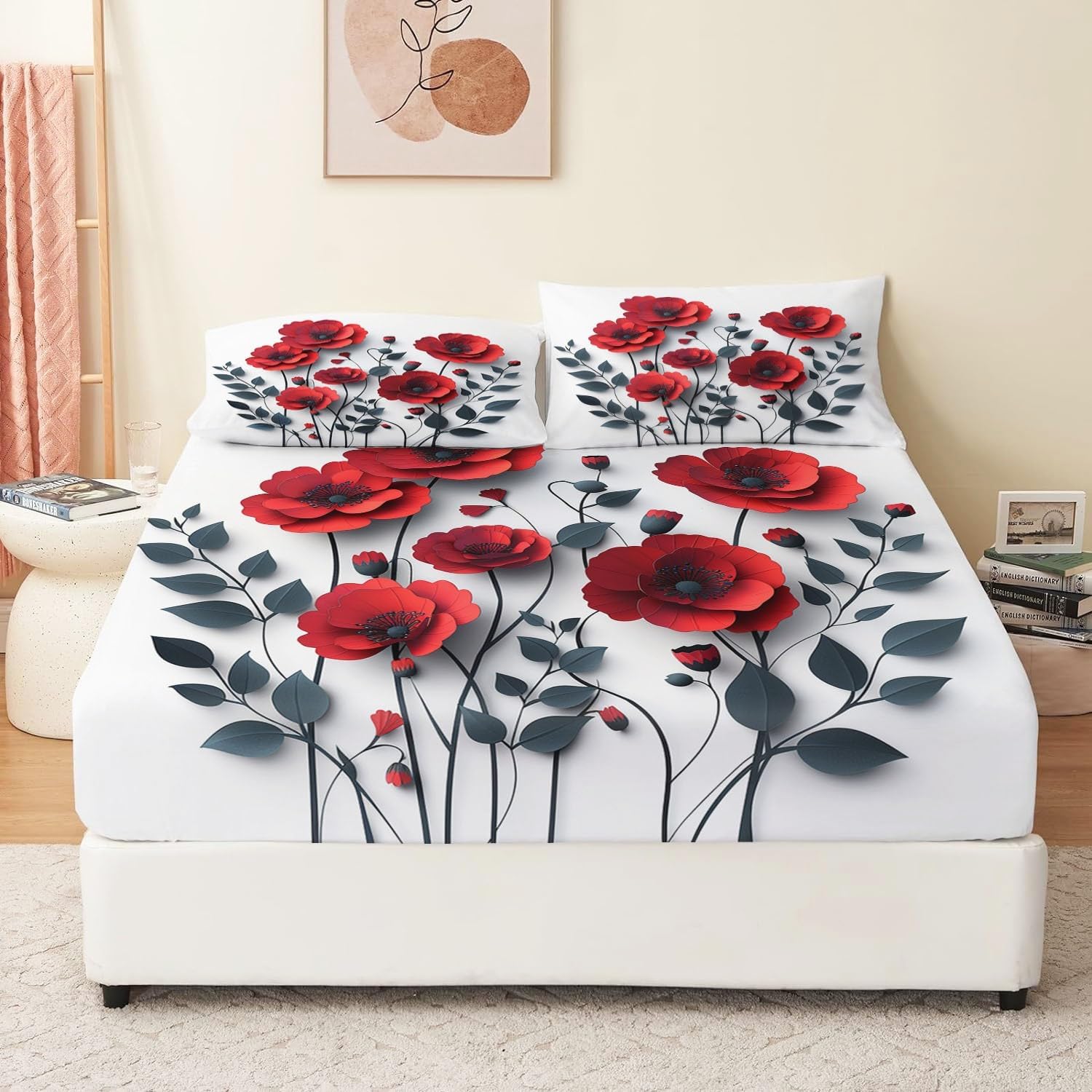 Print Fitted Sheet Set Queen Size for Kids Boys Girls, Bed Sheets Red Poppy Flower Pattern Fitted Sheet Adults Flat Sheet Soft Luxury, Home Room Decor 4Pcs