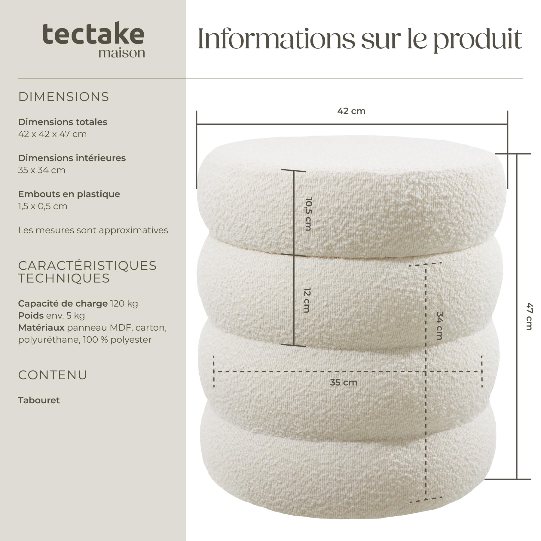 tectake® Tabouret Repose Pied Pouf avec Rangement Pouf Salon en Tissu Bouclette Crème Ø42x47cm jusqu'à 120 kg Design scandinave Cosy pour Coiffeuse, Salon, Chambre, Bureau, entrée