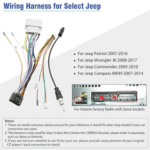 Miniatura 2 de Jayubien Kit de arnés de cable de radio de repuesto para Jeep Patriot Wrangler Commander Compass, conector ISO de 16 pines a cable de cableado
