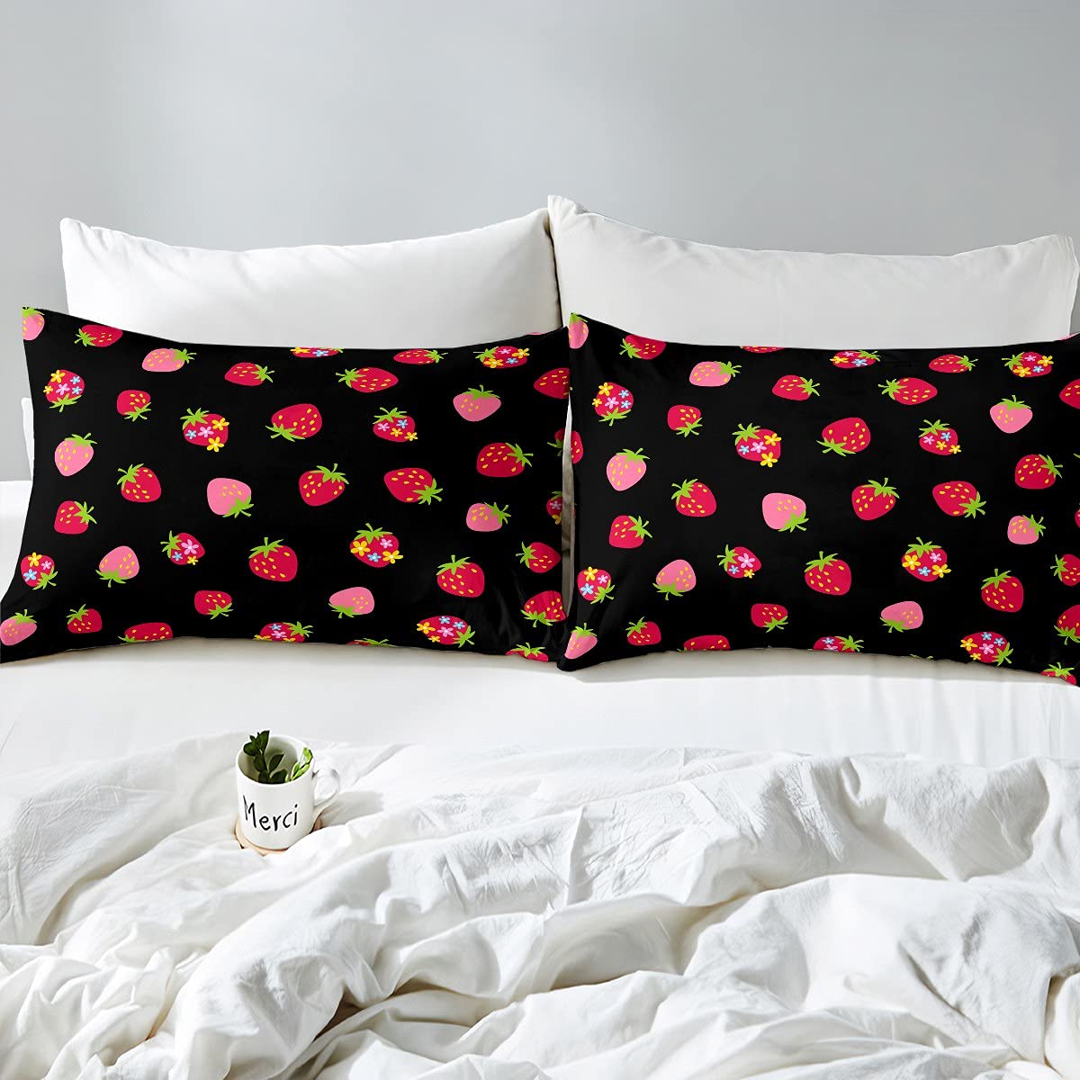 Loussiesd, Parure di lenzuola per letto singolo rosa, motivo con fragole, stile Kawaii, per bambine e ragazze, morbidissime e carine, con lenzuolo di sopra, lenzuolo con angoli e federa