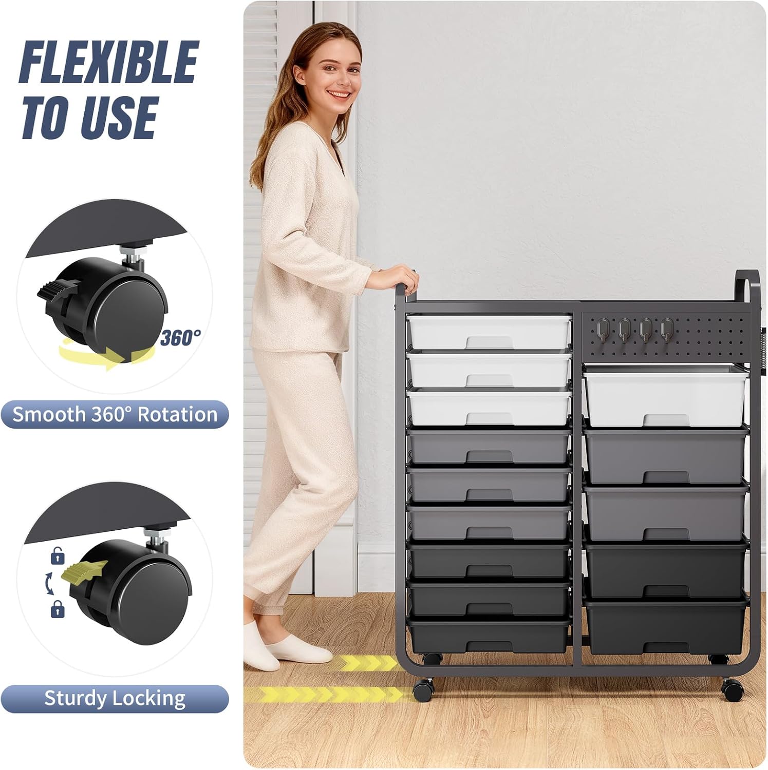 Rolling Storage Cart with Drawers, Storage Organizer Cart with Wheels and Wooden Tabletop,Utility Cart for Living Room, Classroom, Bedroom,Bathroom,Dorm,Office (Grey)