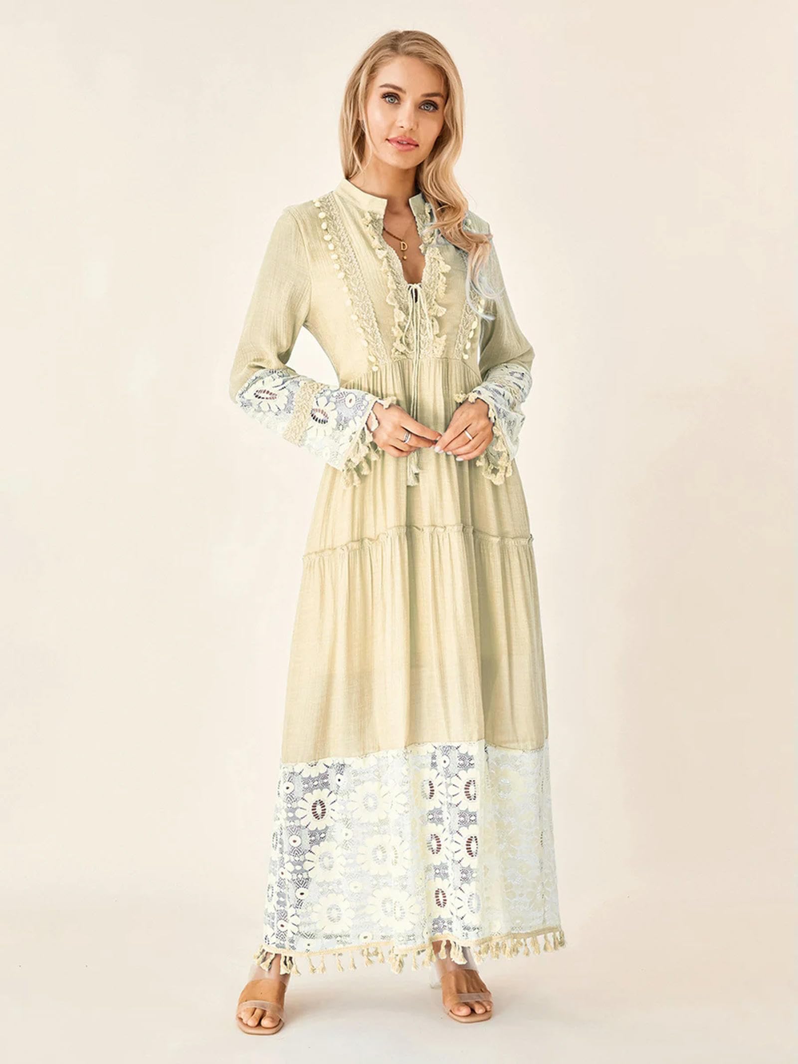 Vestido de Mujer Manga Larga Cuello Cuadrado Volantes Florales Swing A Line.-3-Azul-M