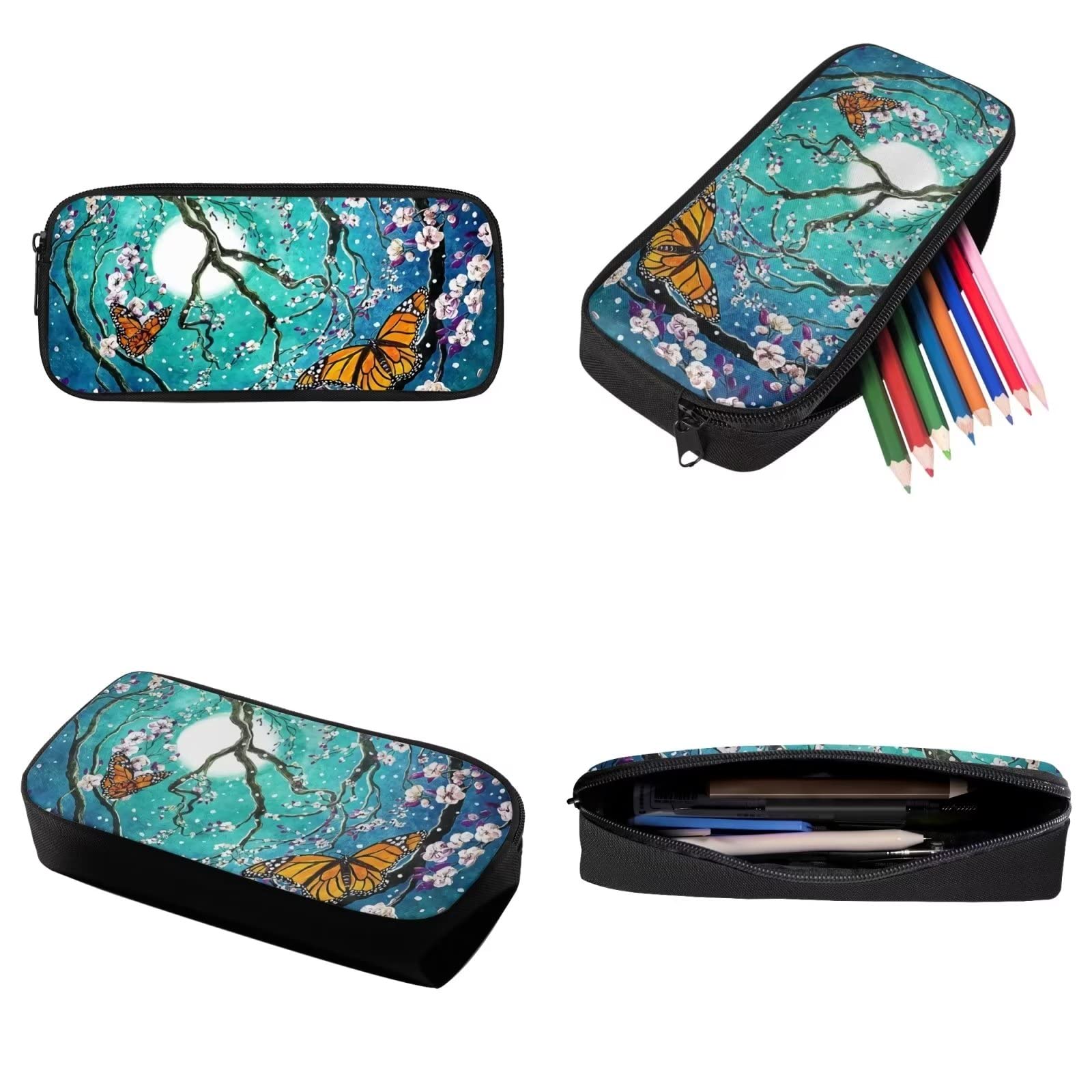 Poceacles Schultasche und Lunchbox-Set für Teenager, Jungen, Grundschule, Büchertasche, Federmäppchen für Grundschulkinder, Kirschblüten Schmetterling, Einheitsgröße