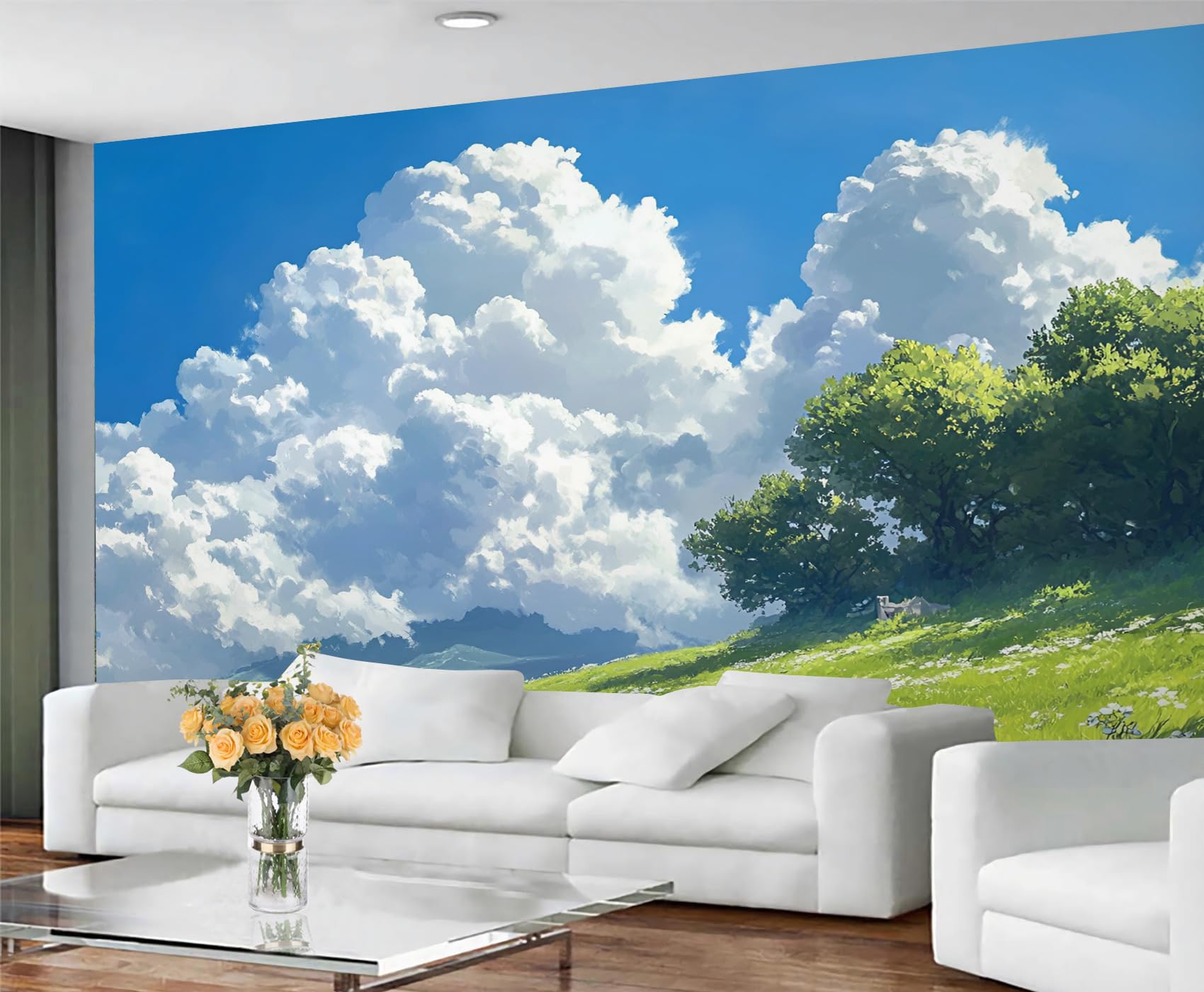 GIVLWF Cloud Wallpaper, White Sky Bedroom Wallpaper, Grassland Clouds Wall Paper for Living Room, Not Self Adhesive Sky Cloud Wall Mural, Landscape Large Mural & Room Decor