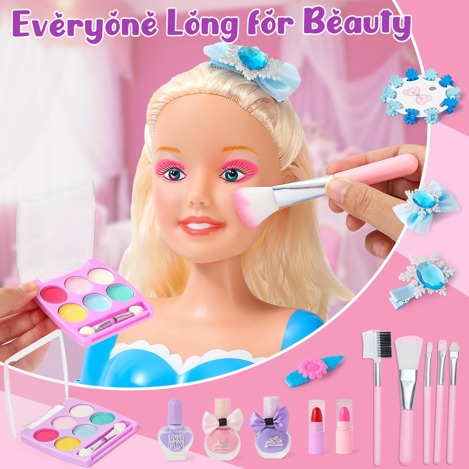 52Pcs Juego de Peluquería para Niñas Juguete Muñeca para Peinar de Cabeza Peluquería Accesorios, Make-Up and Hairdressing Juguetes de Maquillaje, Regalos de Cumpleaños para Niñas de 3, 4, 5 y 6 Años