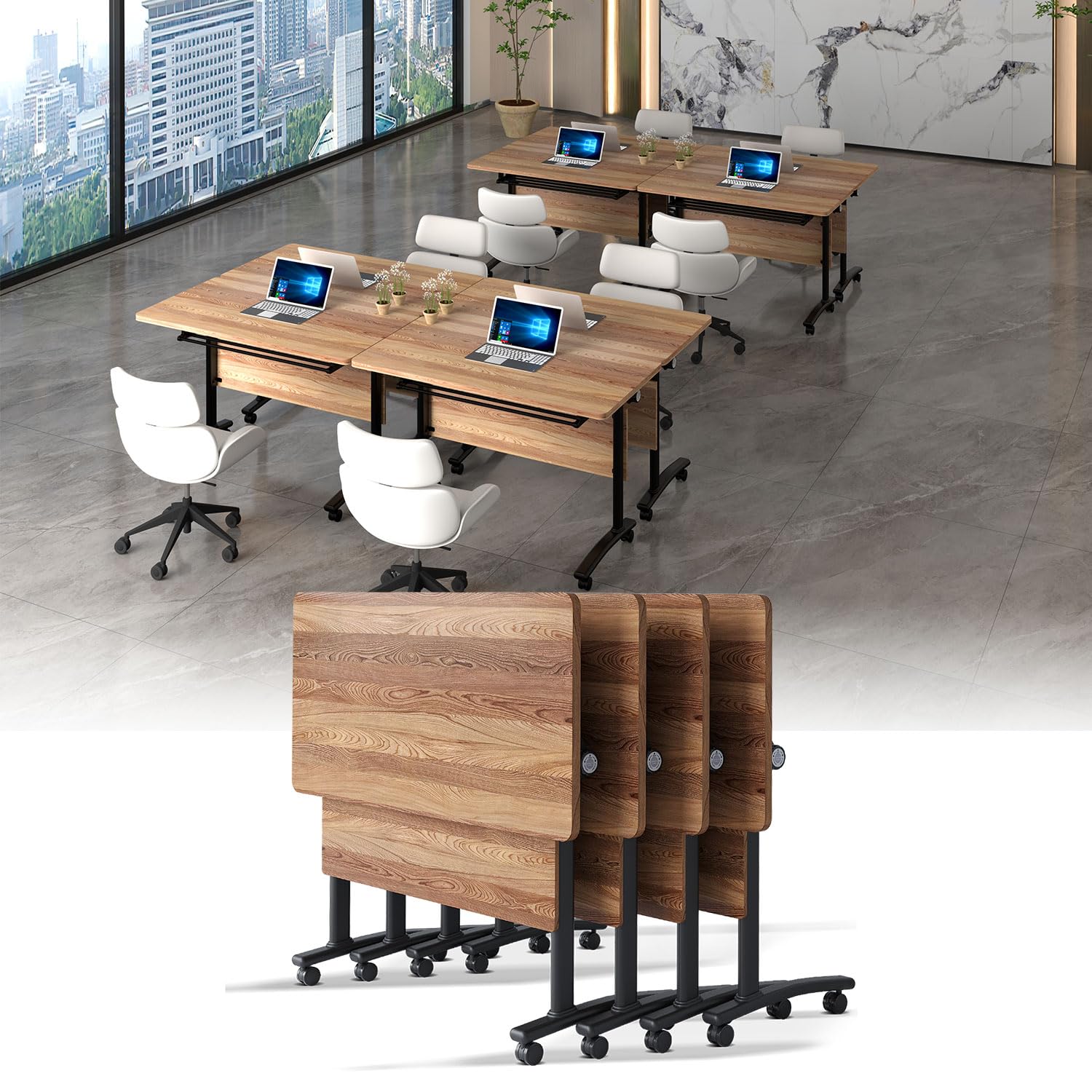 Folding Conference Table,Mobile Table with Four Locking Wheels,Rectangle Meeting Seminar Tables,Modular Conference Room Tables with Flip Top,Foldable Meeting Training Room Table (4, 1619B, 62.9in)