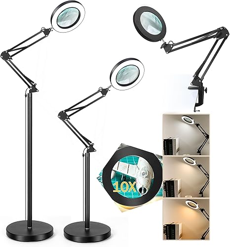 TOMSOO Lupa 10X con luz y soporte, lámpara de pie con lupa 3 en 1, brazo oscilante ajustable, regulable, 3 modos de color, lupa iluminada LED para