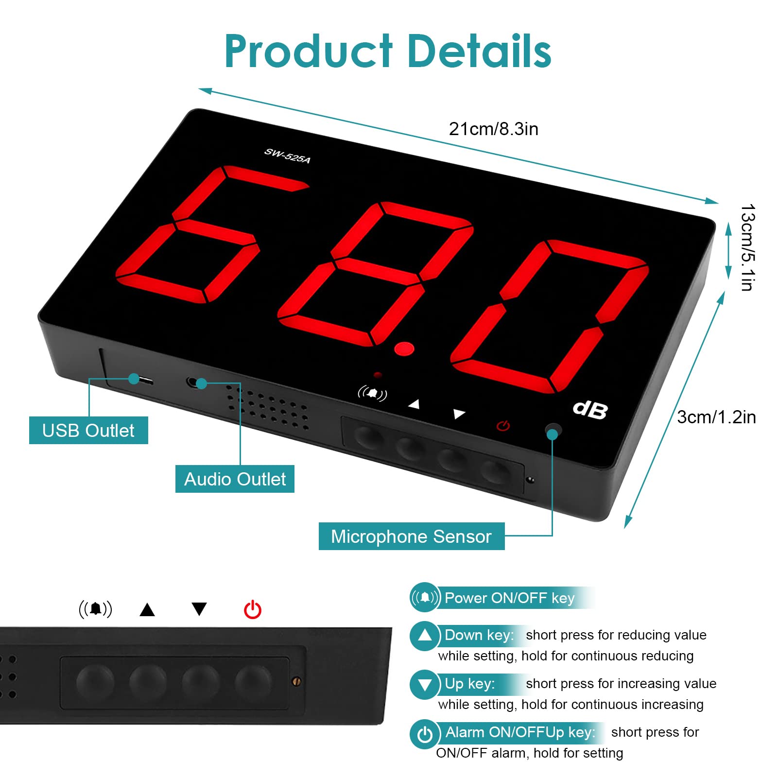 Medidor de Sonido, Medidor de Decibelios, Medidor de Nivel de Sonido Pantalla LCD Montada en la Pared Medidor SPL Digital 30-130dB Lector de Nivel de Presión de Sonido USB, SW-525a