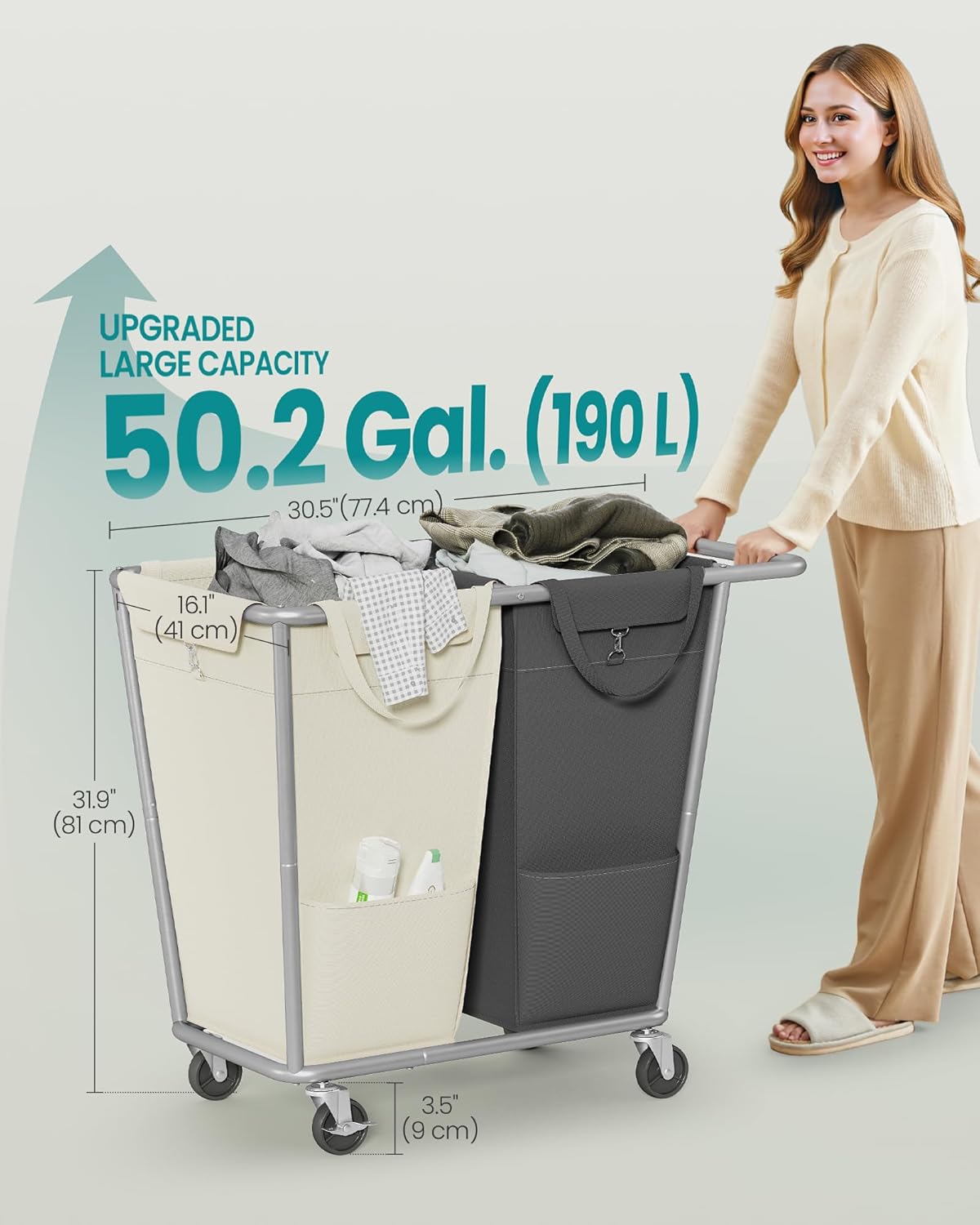 SONGMICS Laundry Basket with Wheels, 2-Section Laundry Sorter, 50.2 Gallons (190 L) Rolling Hamper with Removable Bags, Heavy-Duty Steel Frame, Cream White and Dark Gray URLS009X01