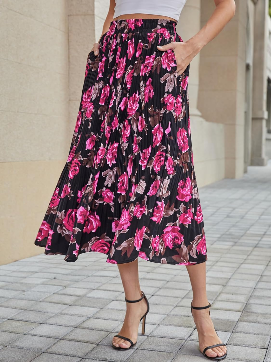 BAISHENGGT Womens Midi Skirt Summer Casual Floral Pleated A-Line Flowy Long Skirts with Pockets for Beach Vacation - Image 3