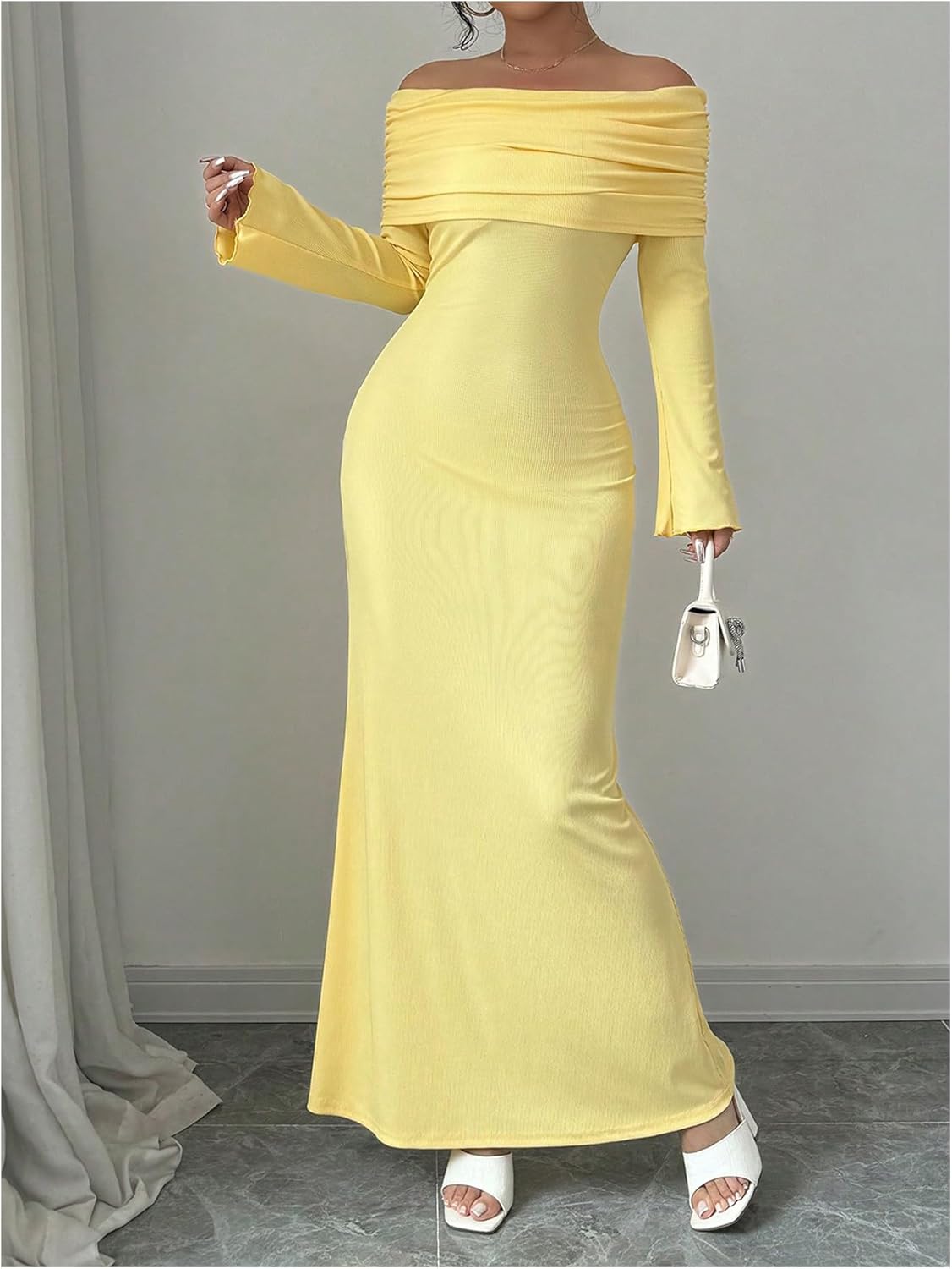 GORGLITTER Women's Off Shoulder Bell Long Sleeve Maxi Dresses Elegant Classy Fall Mesh Birthday Long Fishtail Dress - Image 4