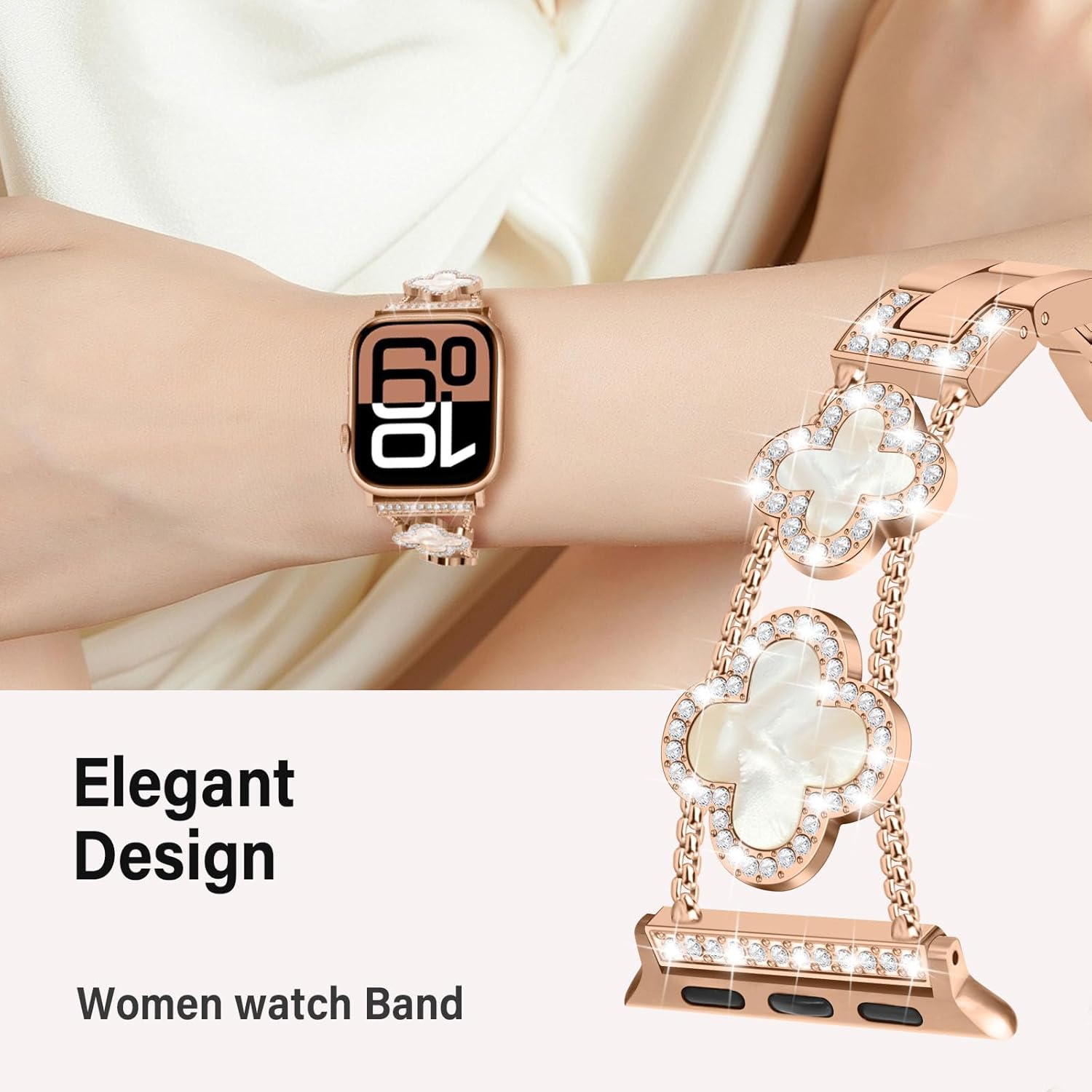 Bands Compatible with Apple Watch Band for Women 38mm 40mm 41mm 42mm 44mm 45mm 46mm 49mm, Bling Bracelet Designer Dressy Clover for iWatch Band Series SE Ultra 11 10 9 8 7 6 5 4 3 (Rose Gold) - Image 2