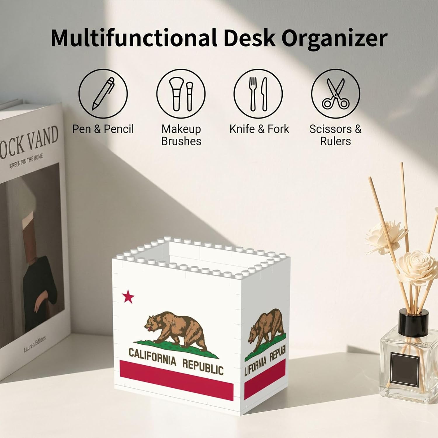 California State Flag Print Uv Print Block Pencil Cup, Detachable Creative Block Desk Organizer Office Abs Pen Holder image 5