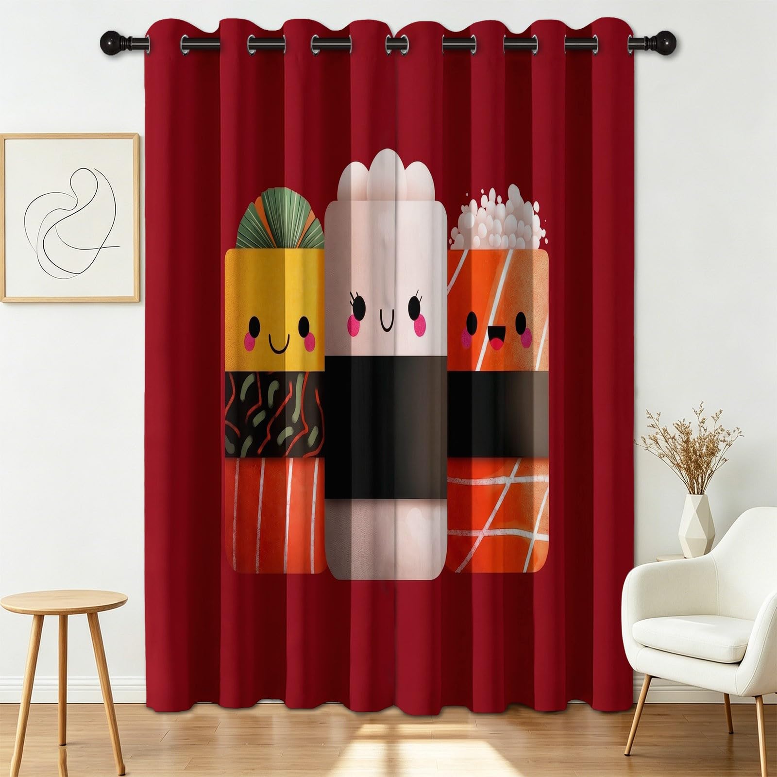 Alimentación Sushi - Cortinas opacas (2, 110 x 215 cm, aislamiento térmico y acústico para cocina, comedor, habitación infantil, cortina con ojales, dibujos animados, reducción del ruido