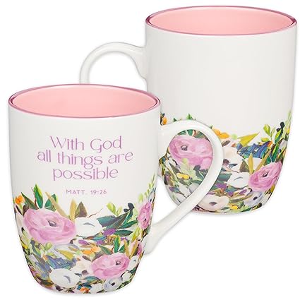 Christian Art Gifts Inspirational Ceramic Coffee & Tea Scripture Mug for Women: All Things are Possible Encouraging Bible Verse, Cute Microwave & Dishwasher Safe Drinkware, White & Pink Floral, 12 oz.