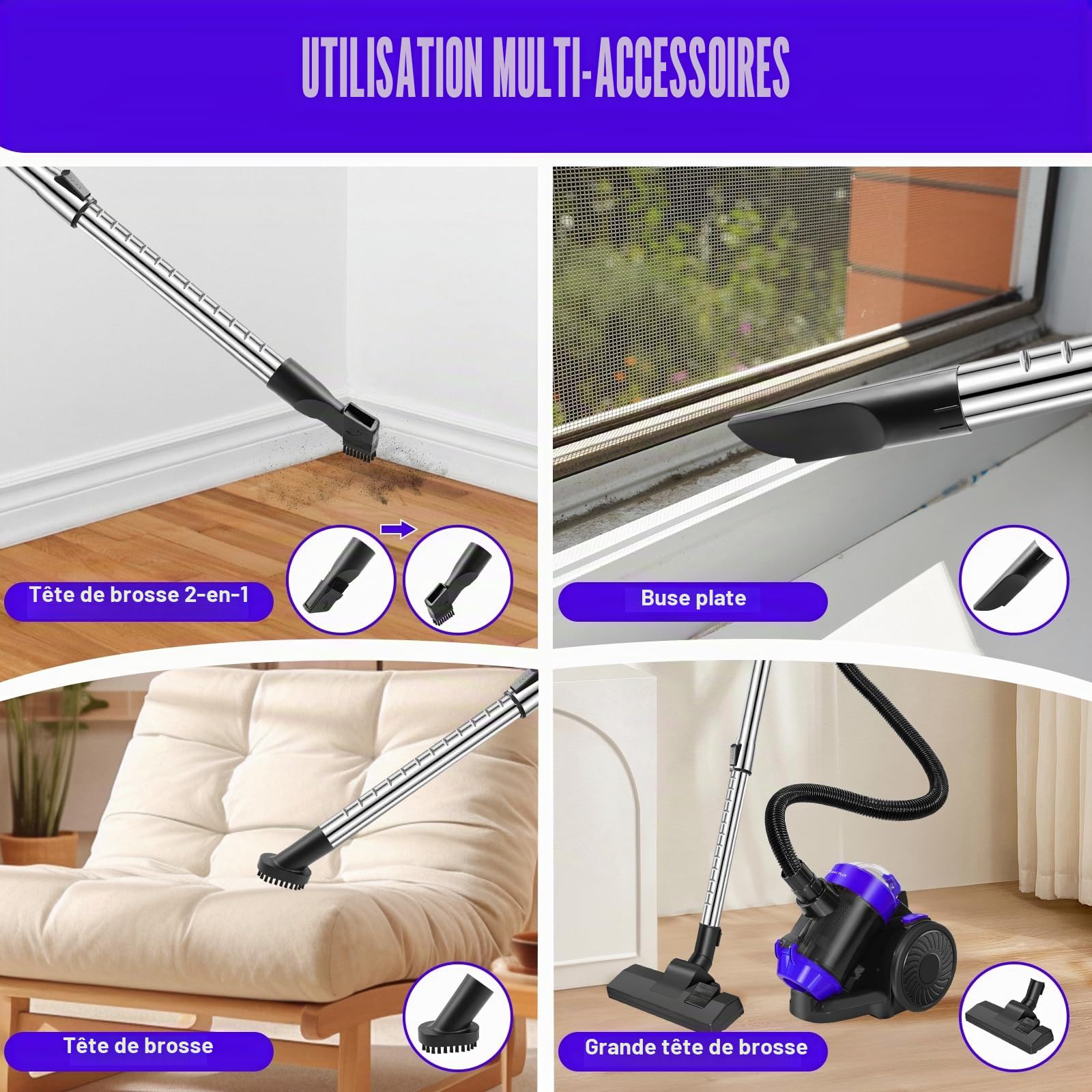 Aspirateur sans sac 1500 W Aspirateur sans sac 25 kPa, silencieux, avec filtre HEPA, bac à poussière de 1,5 l, compact et léger, pour tapis, sols durs, poils d'animaux
