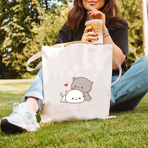 Miniatura 3 de KEEVICI Linda bolsa de lona con diseño de gato para mujer, diseño estético kawaii, bolsas de compras reutilizables
