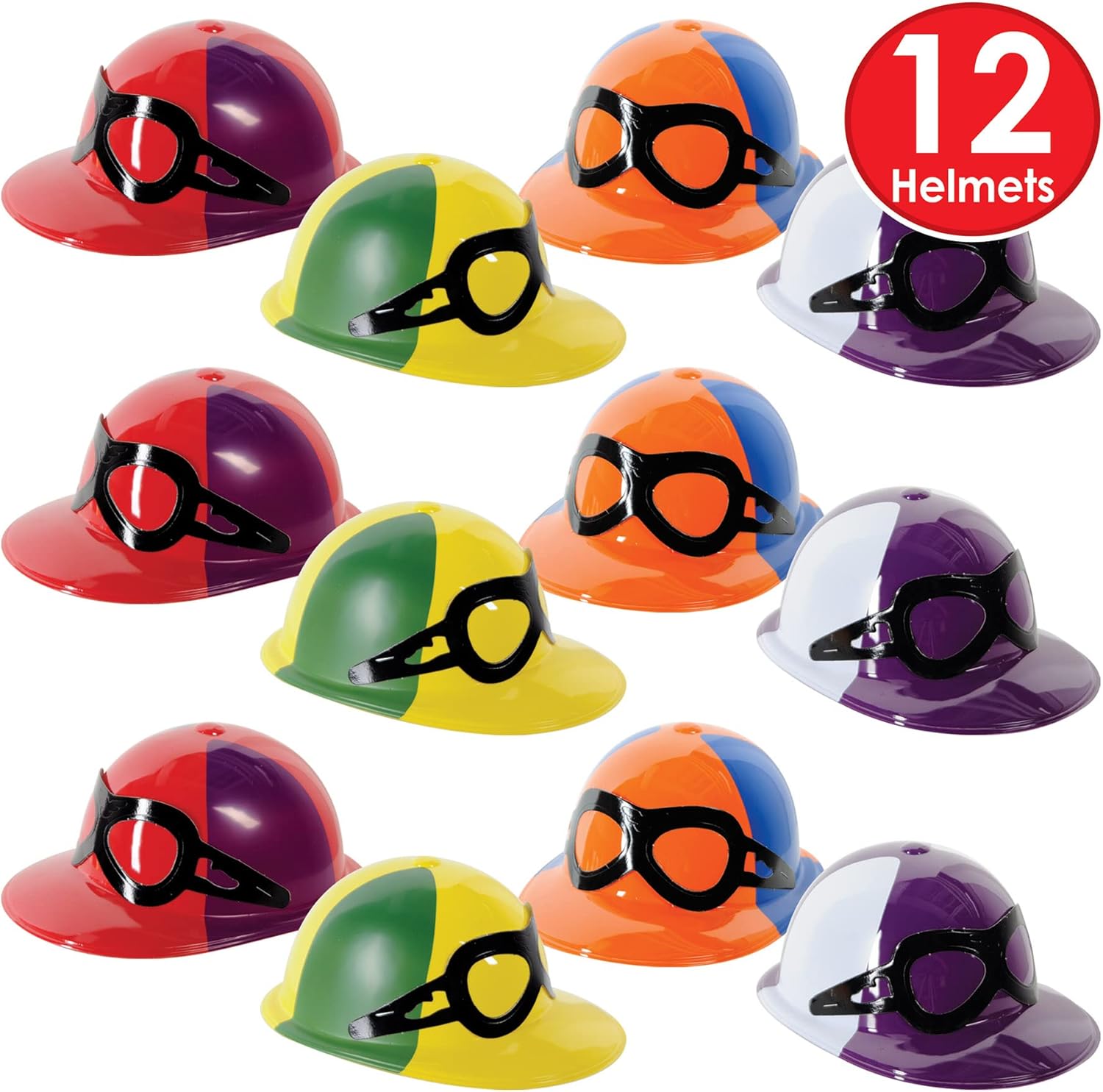 Beistle Plastic Jockey Helmets – 12 Pack, Assorted Color Hats with Goggle Detail for Medium Adult Head Size, Horse Racing, Equestrian Sports Betting and Derby Party Costume Accessories