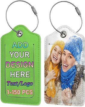 Custom Luggage Tag Personalized Your Own Text, Image, Photo, Logo Customized Waterproof Plastic Travel Suitcases Labels Tags, Leather Baggage Tags Gift with Steel Leather, Fluorescent Green