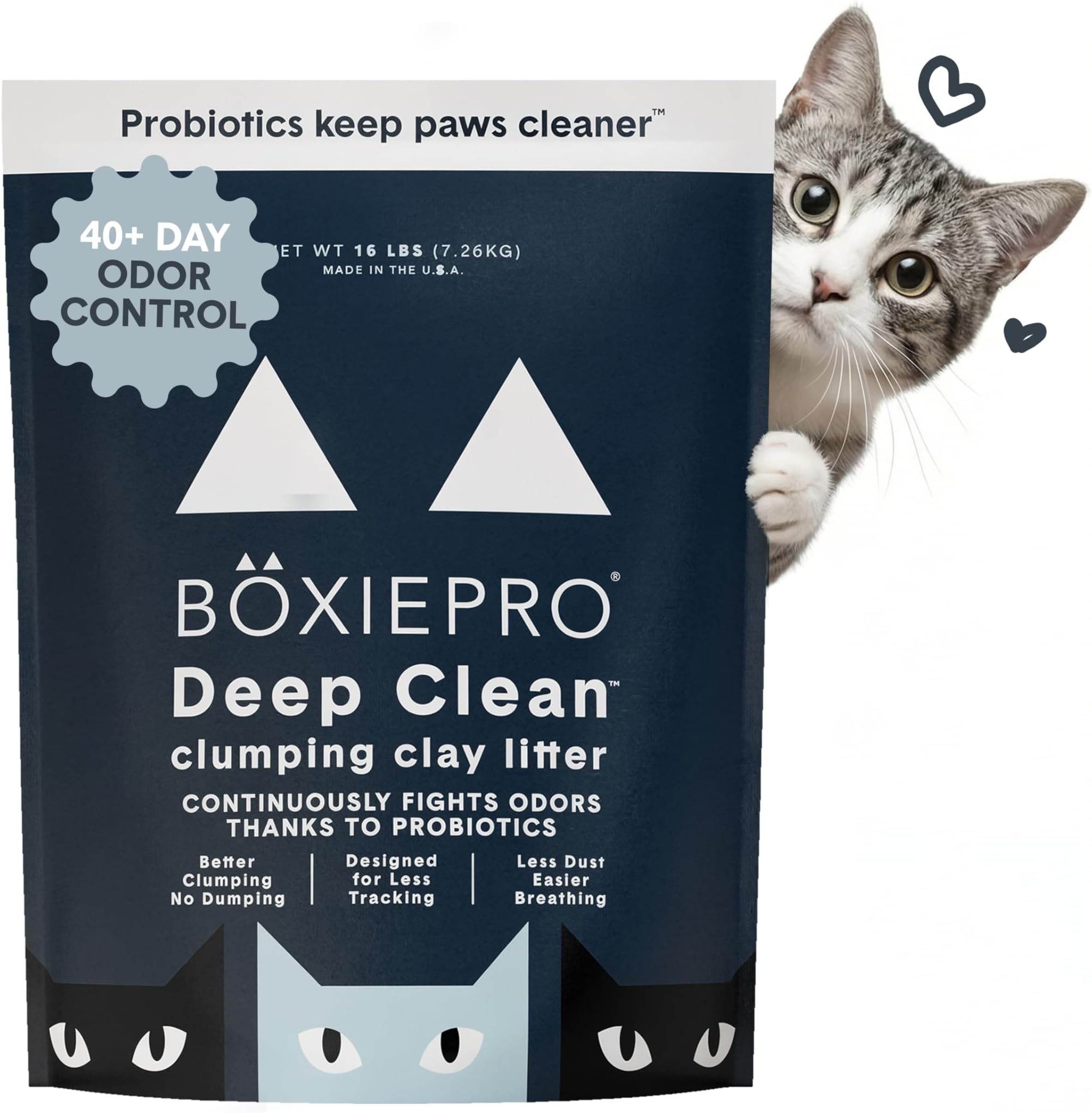 BoxiePro Deep Clean, Scent Free, Probiotic Clumping Cat Litter -Clay Formula - Cleaner Home - Ultra Clean Litter Box, Probiotic Powered Odor Control,Hard Clumping Litter, 99.9% Dust Free, Black, 16 lb
