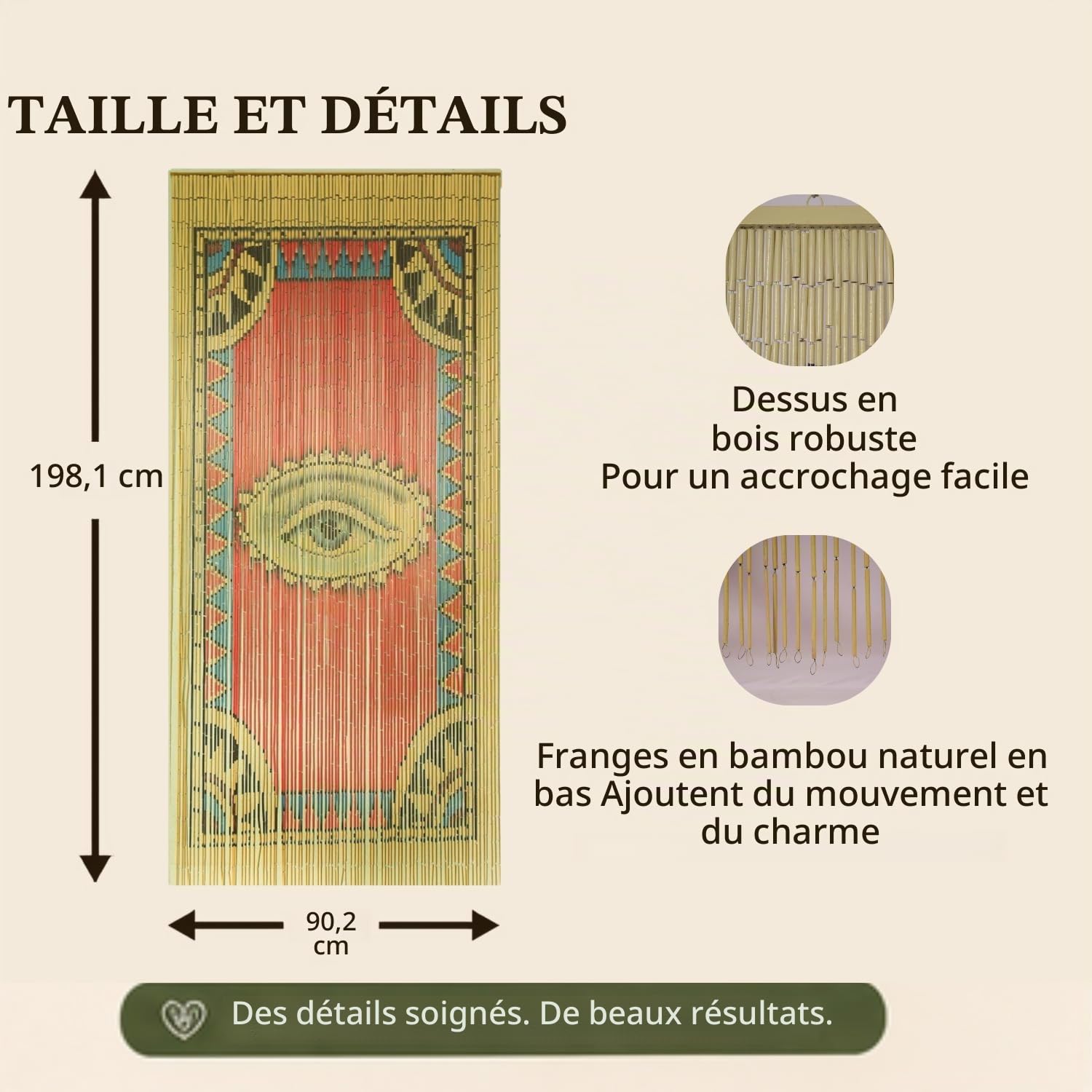 TACHILC The Eye Rideau en Perles de Bambou pour Porte, Rideau de Perles bohème pour placards, décoration de Porte, Perles de Bambou pour Portes, 90,2 x 198,1 cm | Peint à la main ; 198,1 x 90,2 cm pour porte standard ; s'accroche en 5 minutes