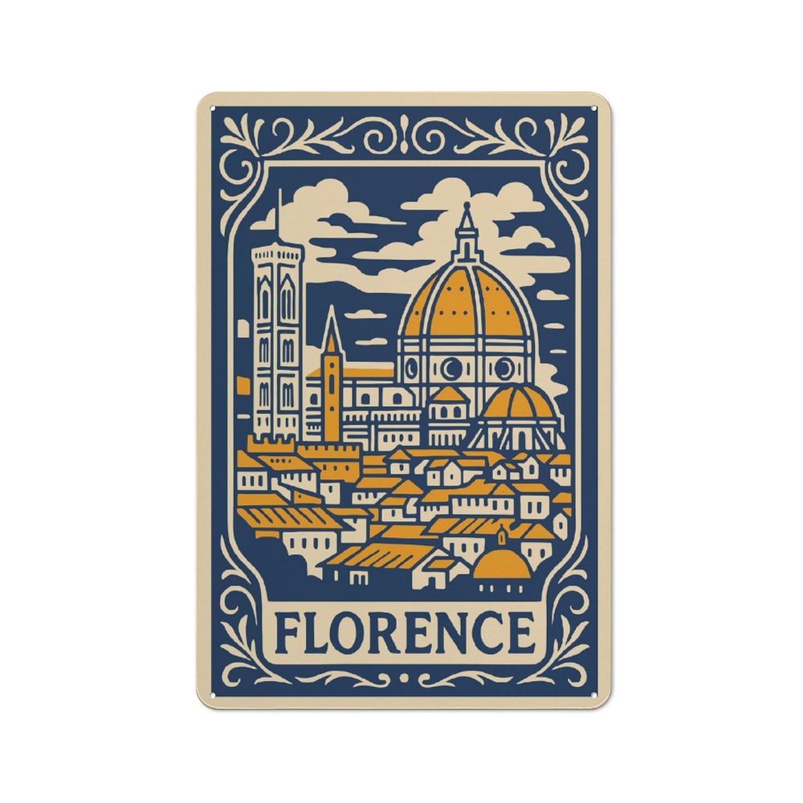 Junmoney Style-2 Florence Cityscape Illustration Vintage Metal Wall Sign 30X20cm For Garage Wall, Suited To Garage Decor Collectors